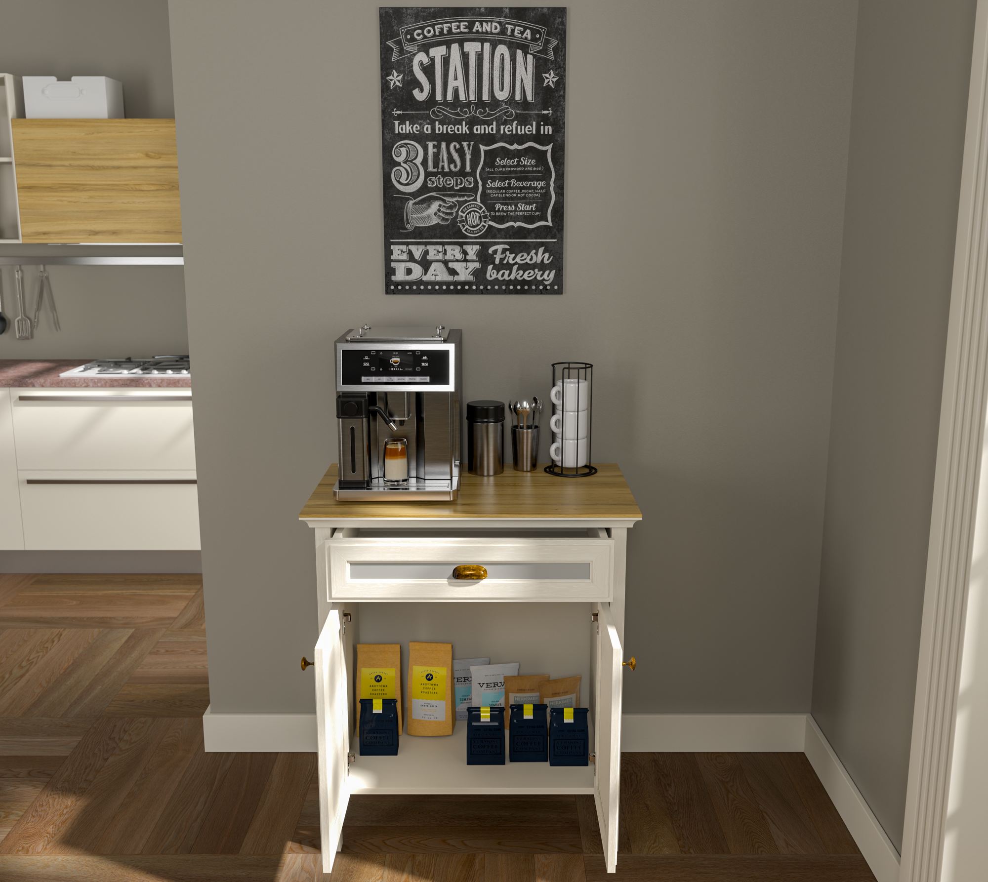 Armário Bar de Café com Prateleiras Múltiplas - 3 Cores Disponíveis, Fixação na Parede, Pernas em MDF