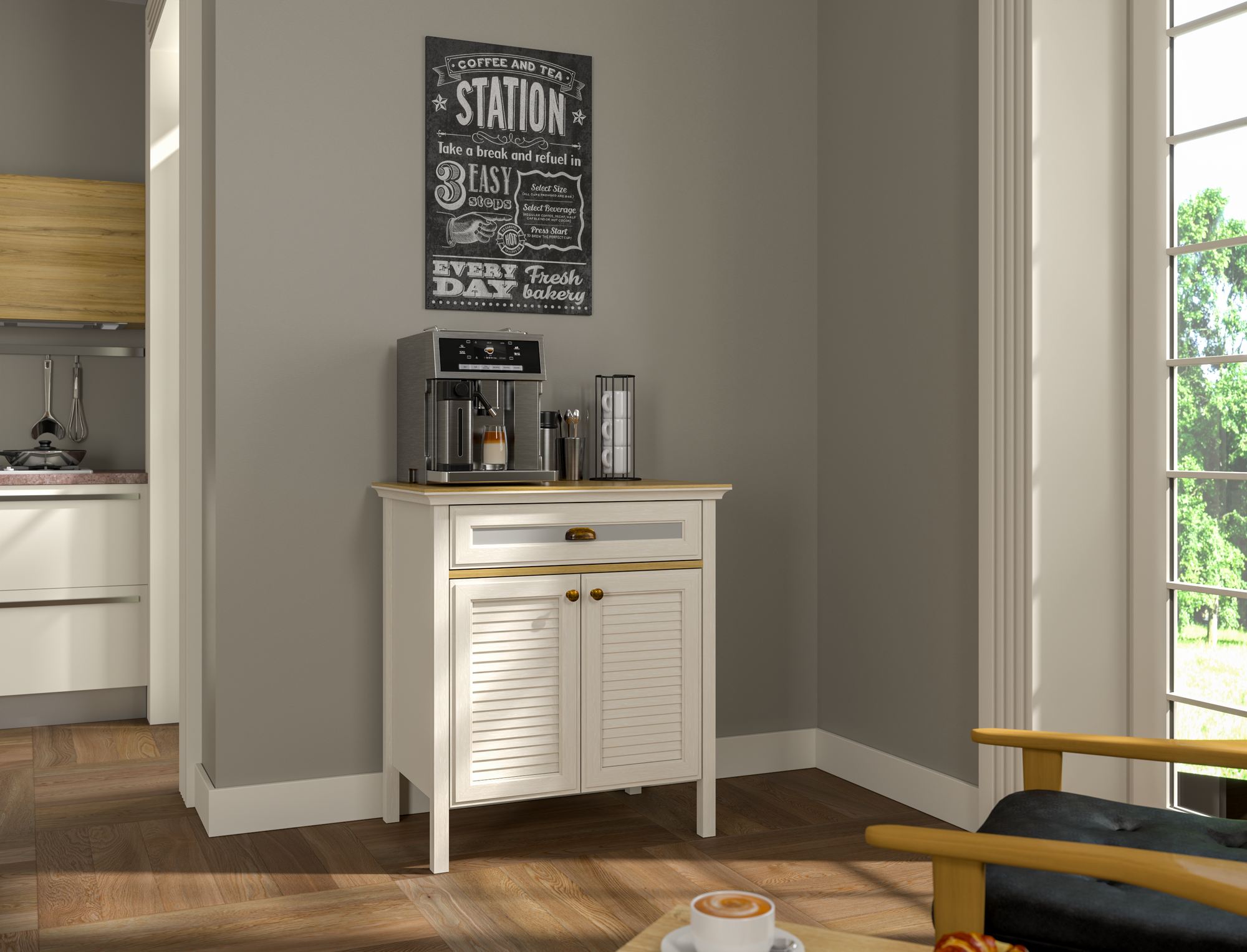 Armário Bar de Café com Prateleiras Múltiplas - 3 Cores Disponíveis, Fixação na Parede, Pernas em MDF