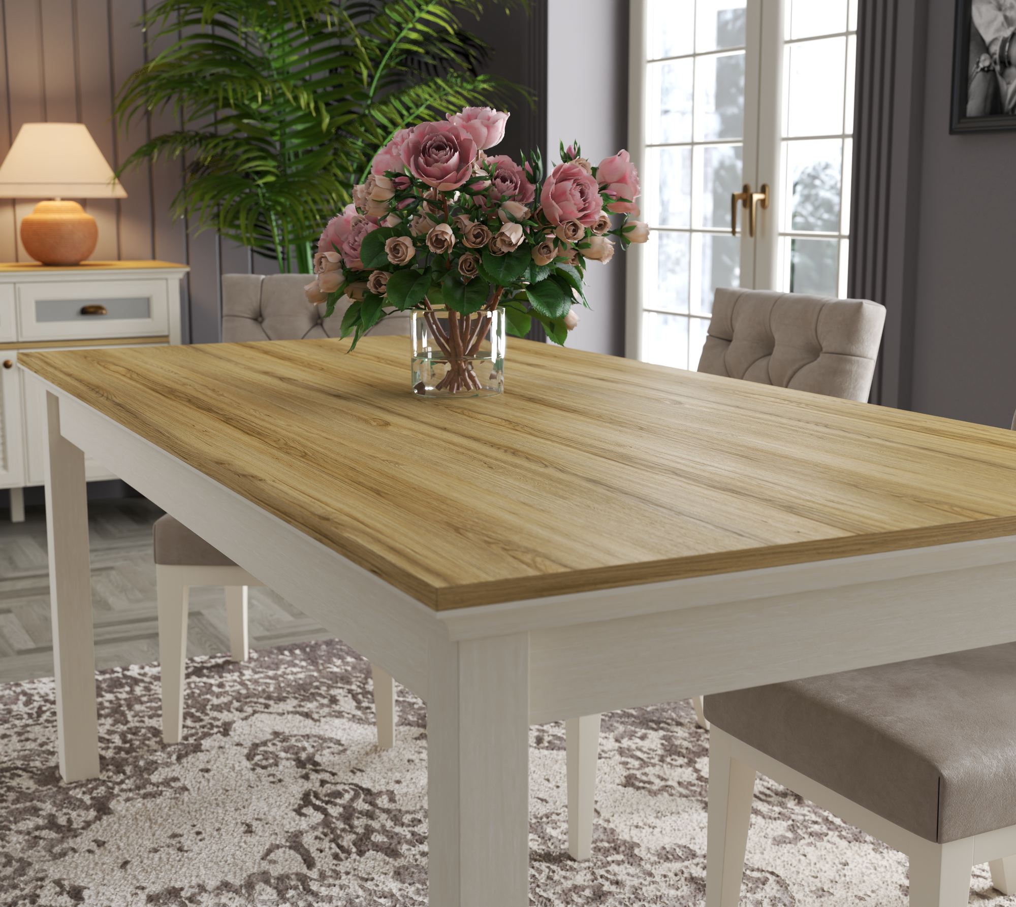 Mesa de Jantar Moderna Cream e Cinzento com Arrumação Integrada - 180cm com Prateleiras e Fixação à Parede