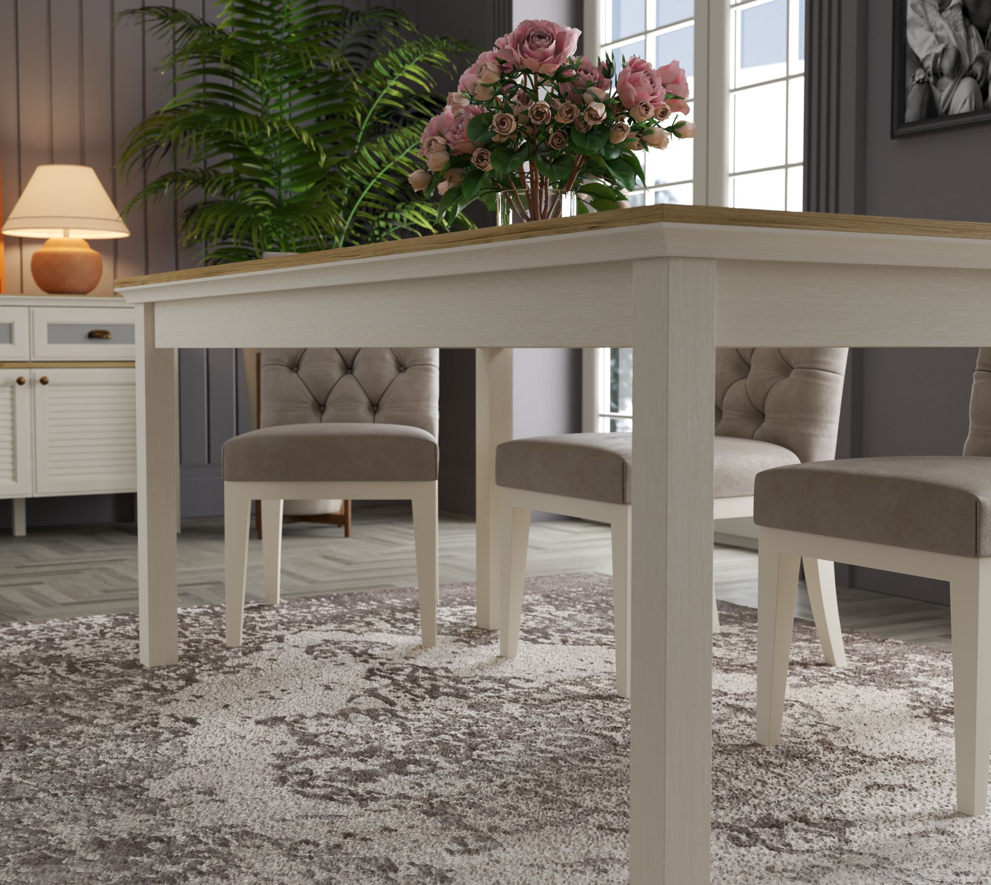 Mesa de Jantar Moderna Cream e Cinzento com Arrumação Integrada - 180cm com Prateleiras e Fixação à Parede