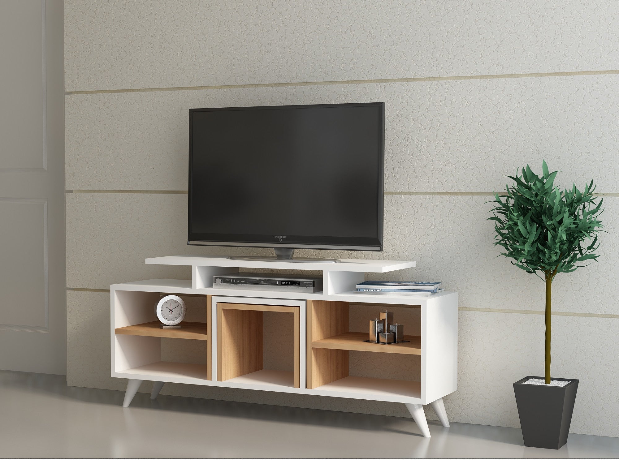 Móvel de TV moderno com opção de montagem na parede, branco e teca, 120 cm | 100% revestido em melamina, 18 mm de espessura | Inclui 2 mesas de centro, design elegante e funcional