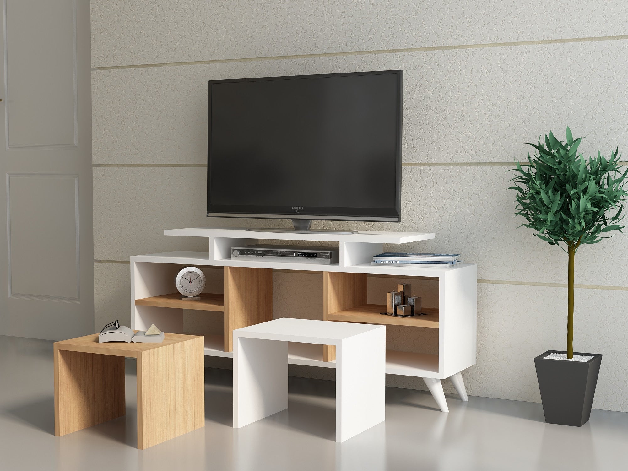 Móvel de TV moderno com opção de montagem na parede, branco e teca, 120 cm | 100% revestido em melamina, 18 mm de espessura | Inclui 2 mesas de centro, design elegante e funcional