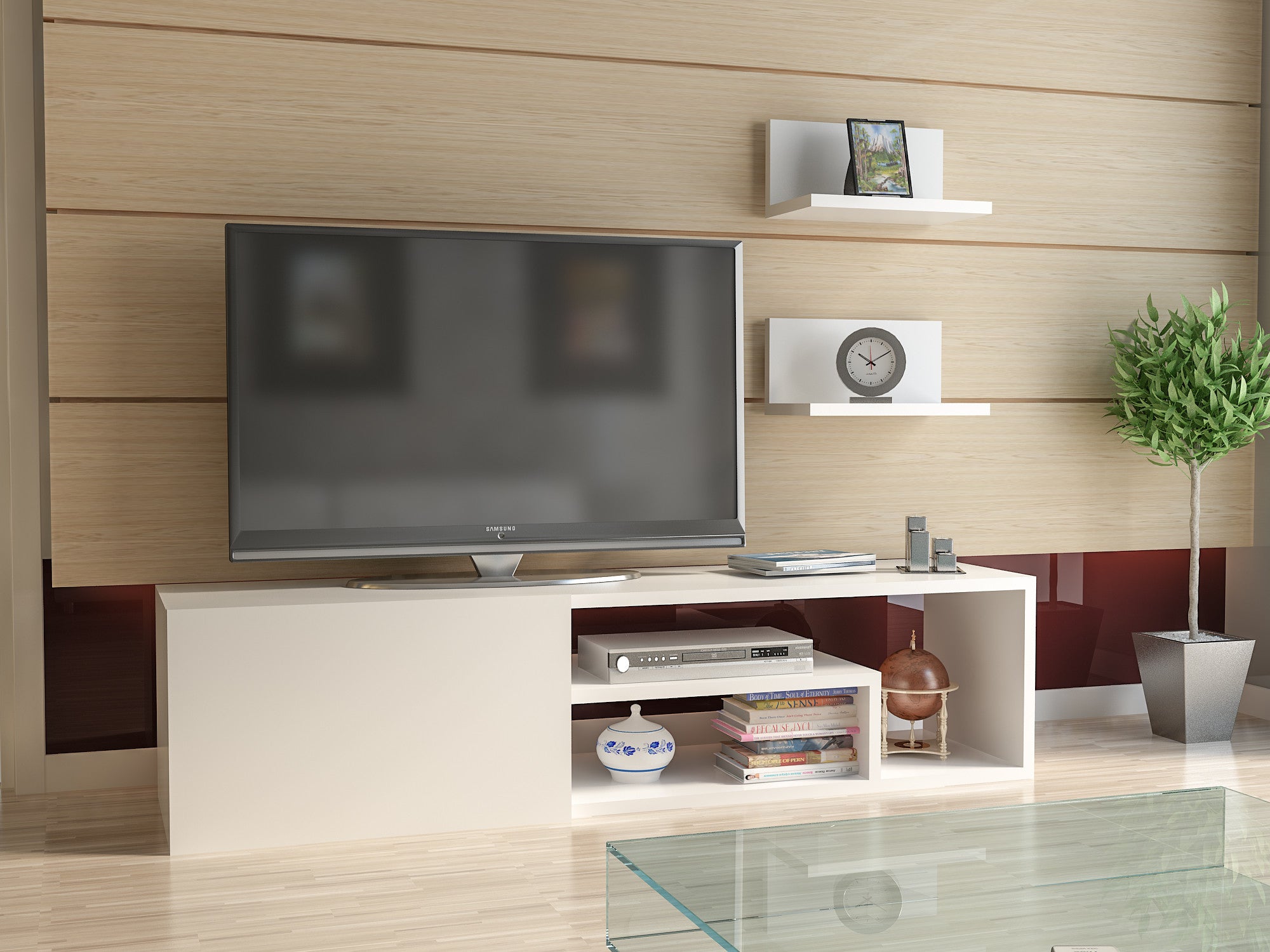 Móvel de TV moderno branco com prateleiras de parede, 100% aglomerado revestido em melamina, 120 cm | 18 mm de espessura | Solução de armazenamento elegante e funcional para salas de estar