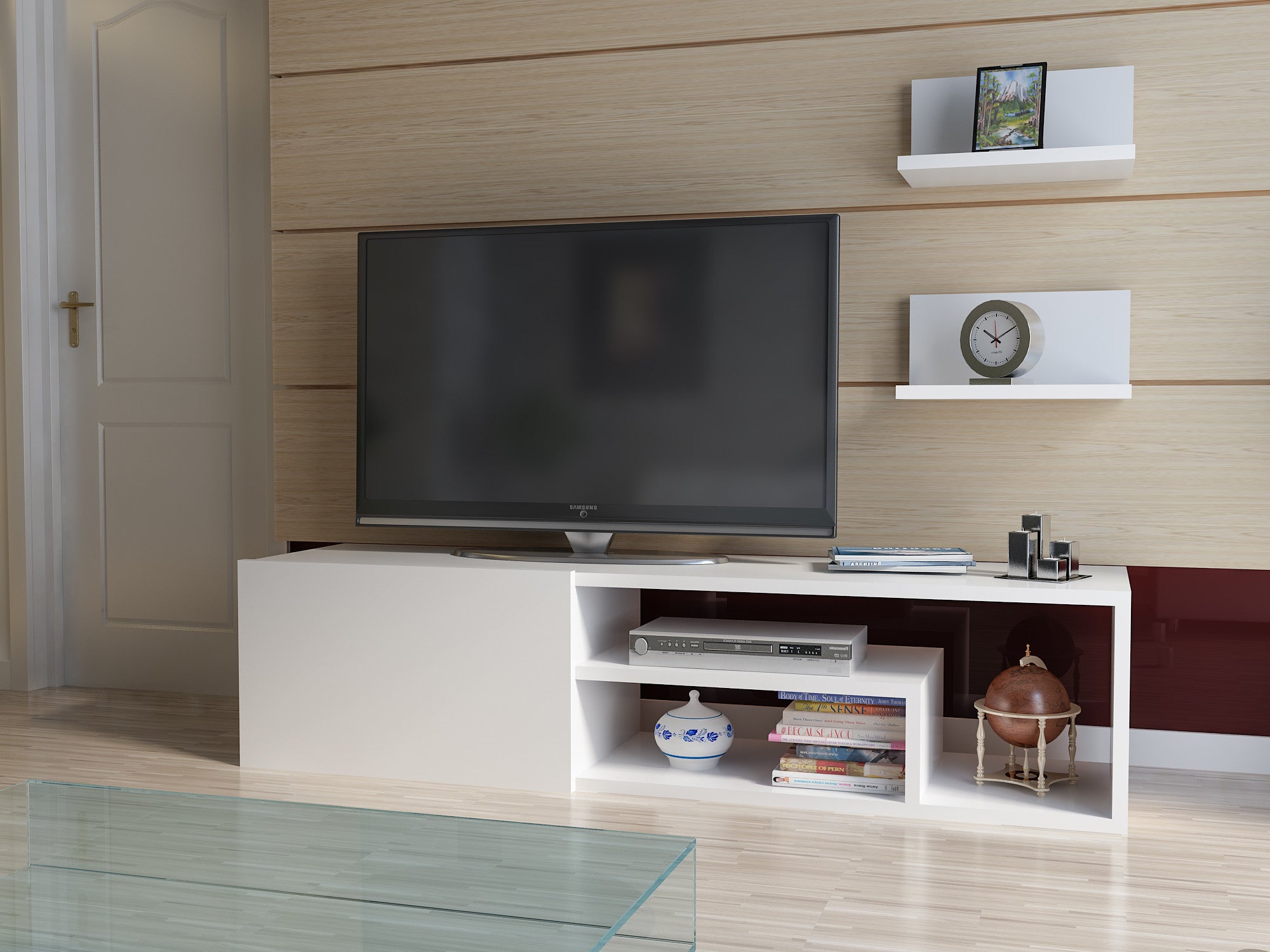 Móvel de TV moderno branco com prateleiras de parede, 100% aglomerado revestido em melamina, 120 cm | 18 mm de espessura | Solução de armazenamento elegante e funcional para salas de estar