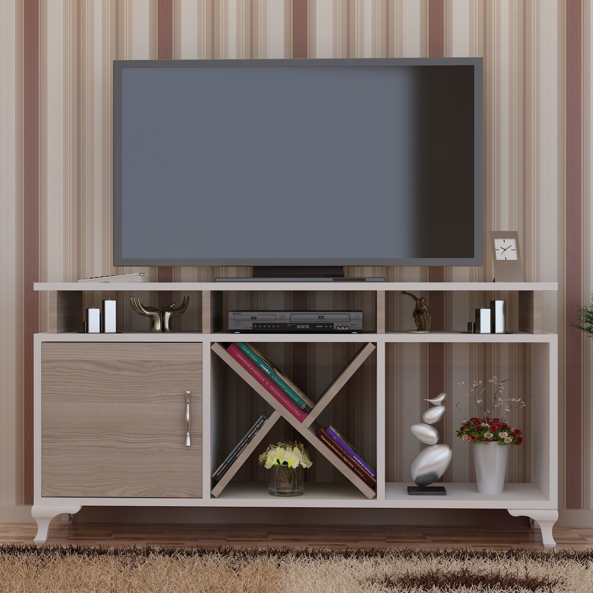 Suporte de TV moderno com opção de montagem na parede, branco e cordoba, 120 cm x 53,6 cm x 29,5 cm | 100% revestido em melamina, 18 mm de espessura, várias prateleiras | Design elegante e funcional