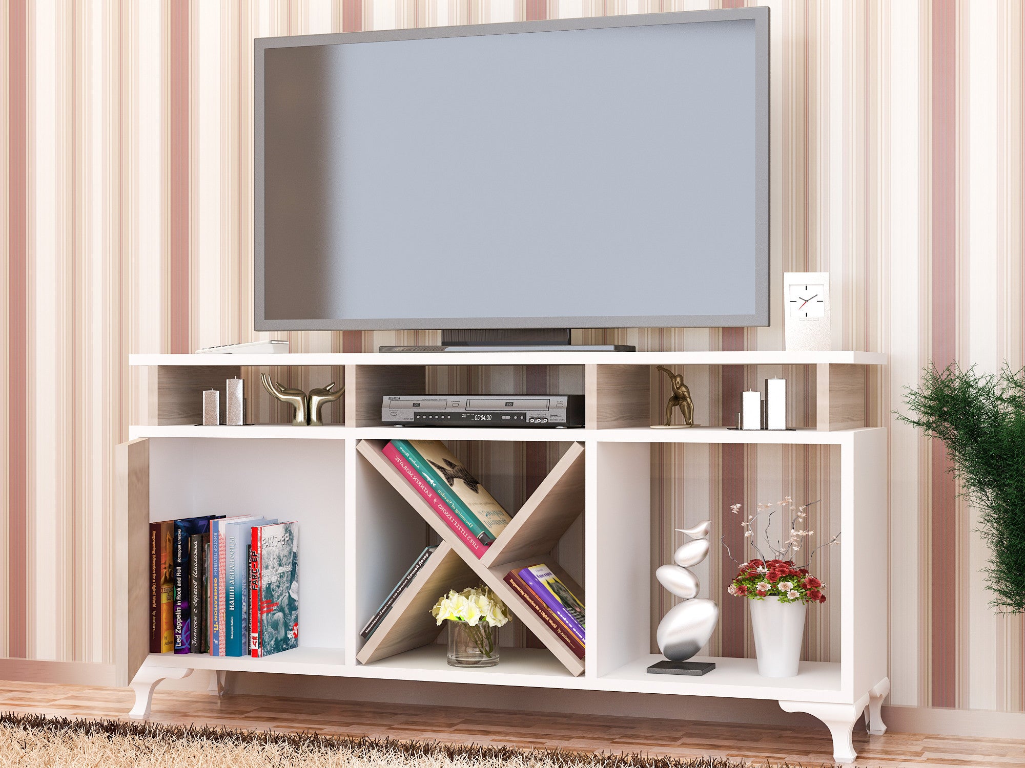 Suporte de TV moderno com opção de montagem na parede, branco e cordoba, 120 cm x 53,6 cm x 29,5 cm | 100% revestido em melamina, 18 mm de espessura, várias prateleiras | Design elegante e funcional