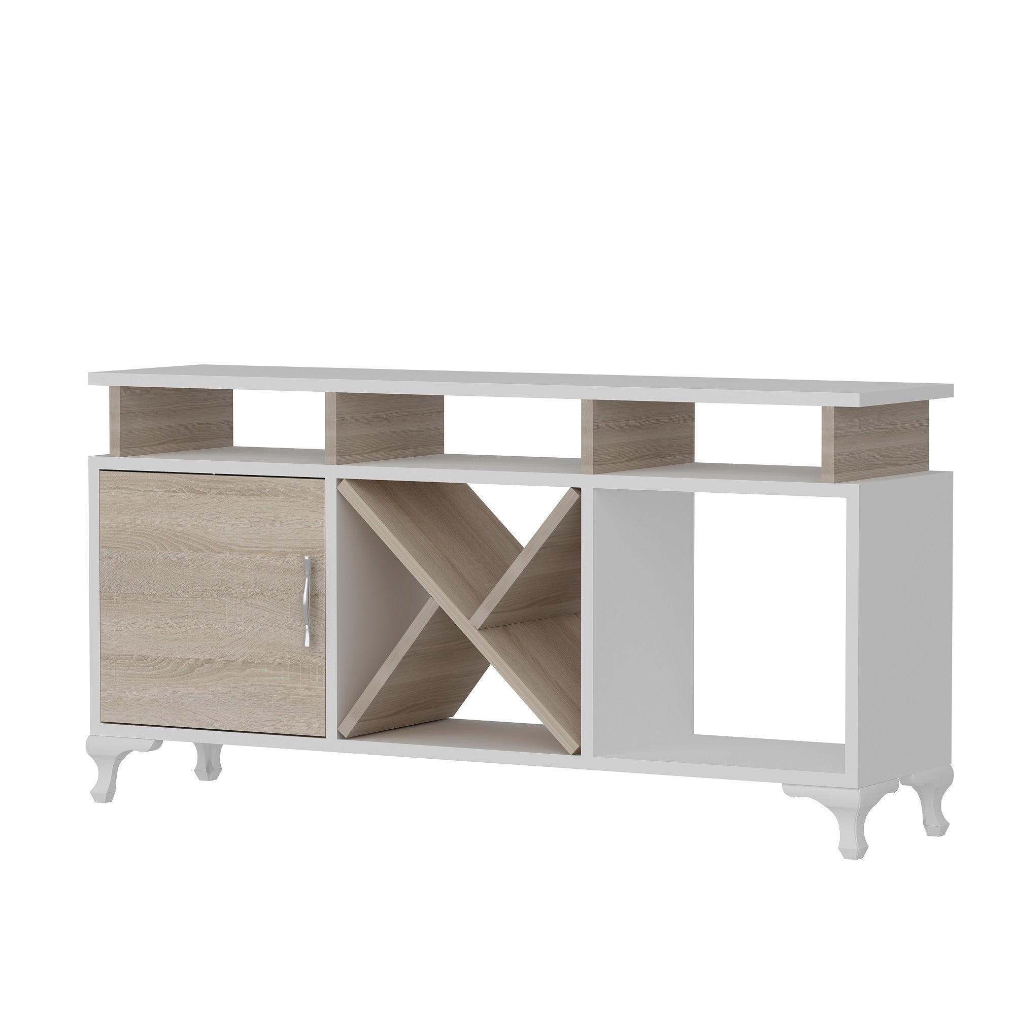 Suporte de TV moderno com opção de montagem na parede, branco e cordoba, 120 cm x 53,6 cm x 29,5 cm | 100% revestido em melamina, 18 mm de espessura, várias prateleiras | Design elegante e funcional