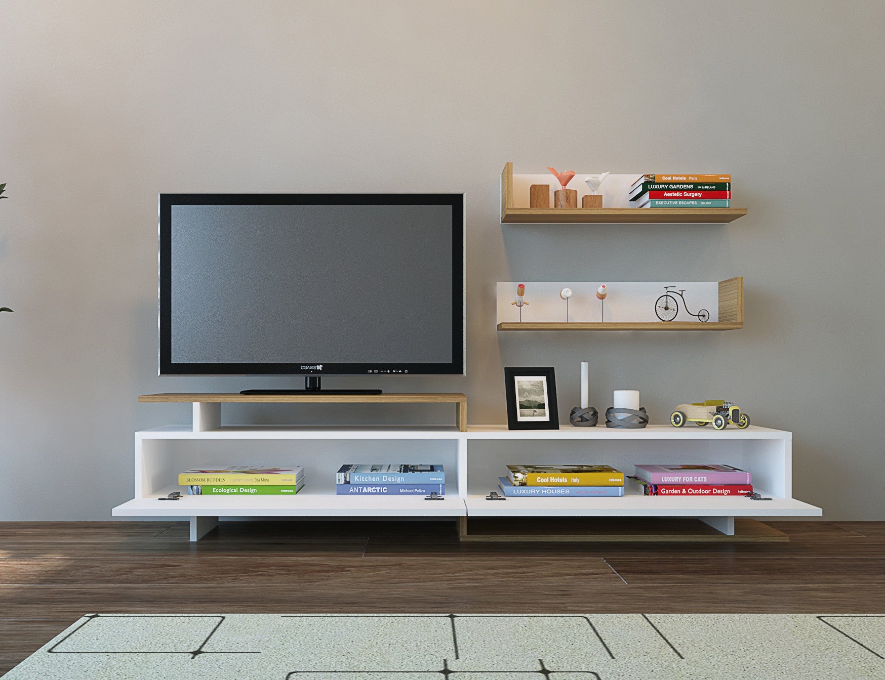 Móvel de TV moderno com prateleira de parede, branco e teca, 180 x 40 x 37,4 cm | Painel de partículas 100% revestido de melamina, 18 mm de espessura | Design elegante e funcional