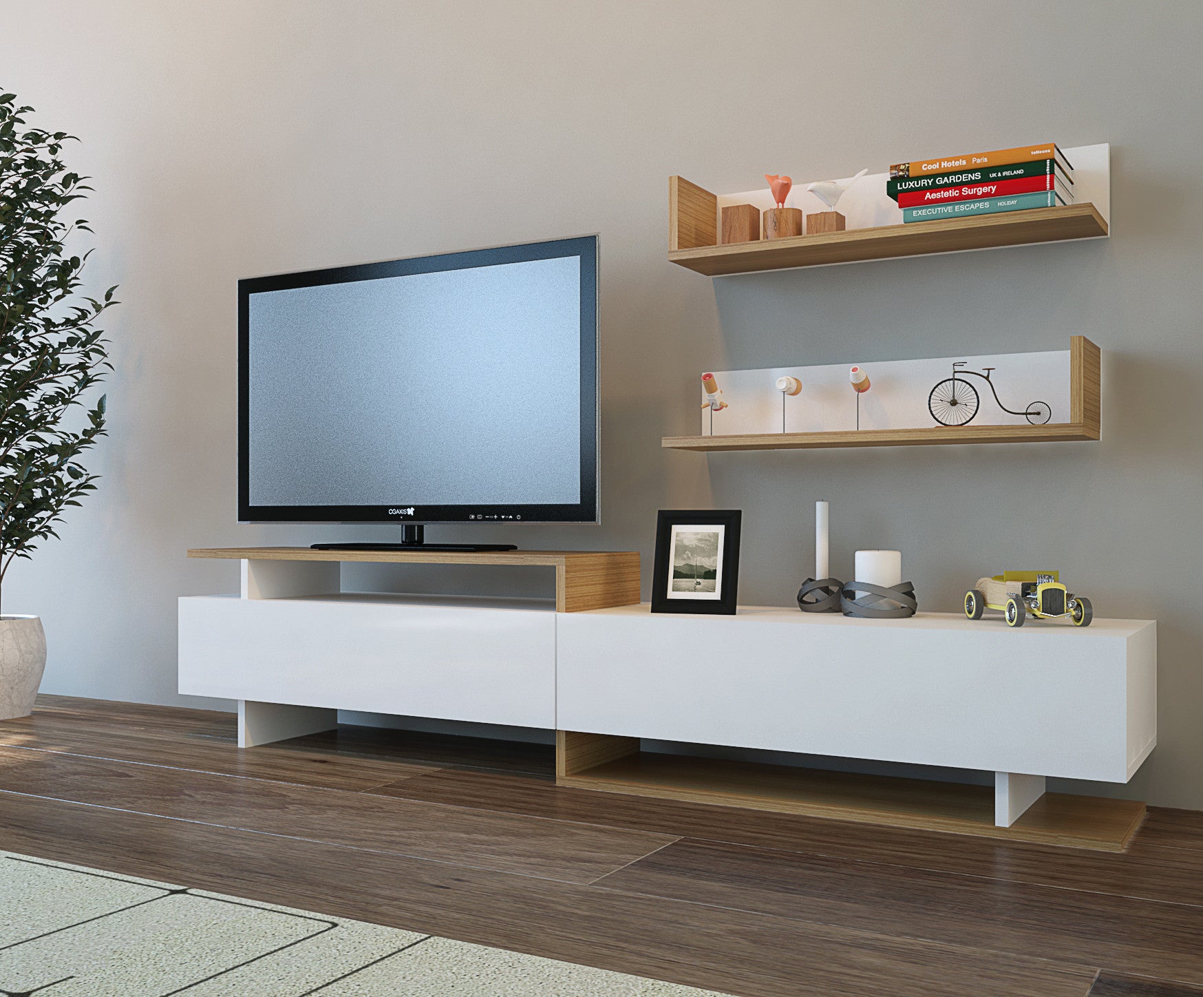 Móvel de TV moderno com prateleira de parede, branco e teca, 180 x 40 x 37,4 cm | Painel de partículas 100% revestido de melamina, 18 mm de espessura | Design elegante e funcional