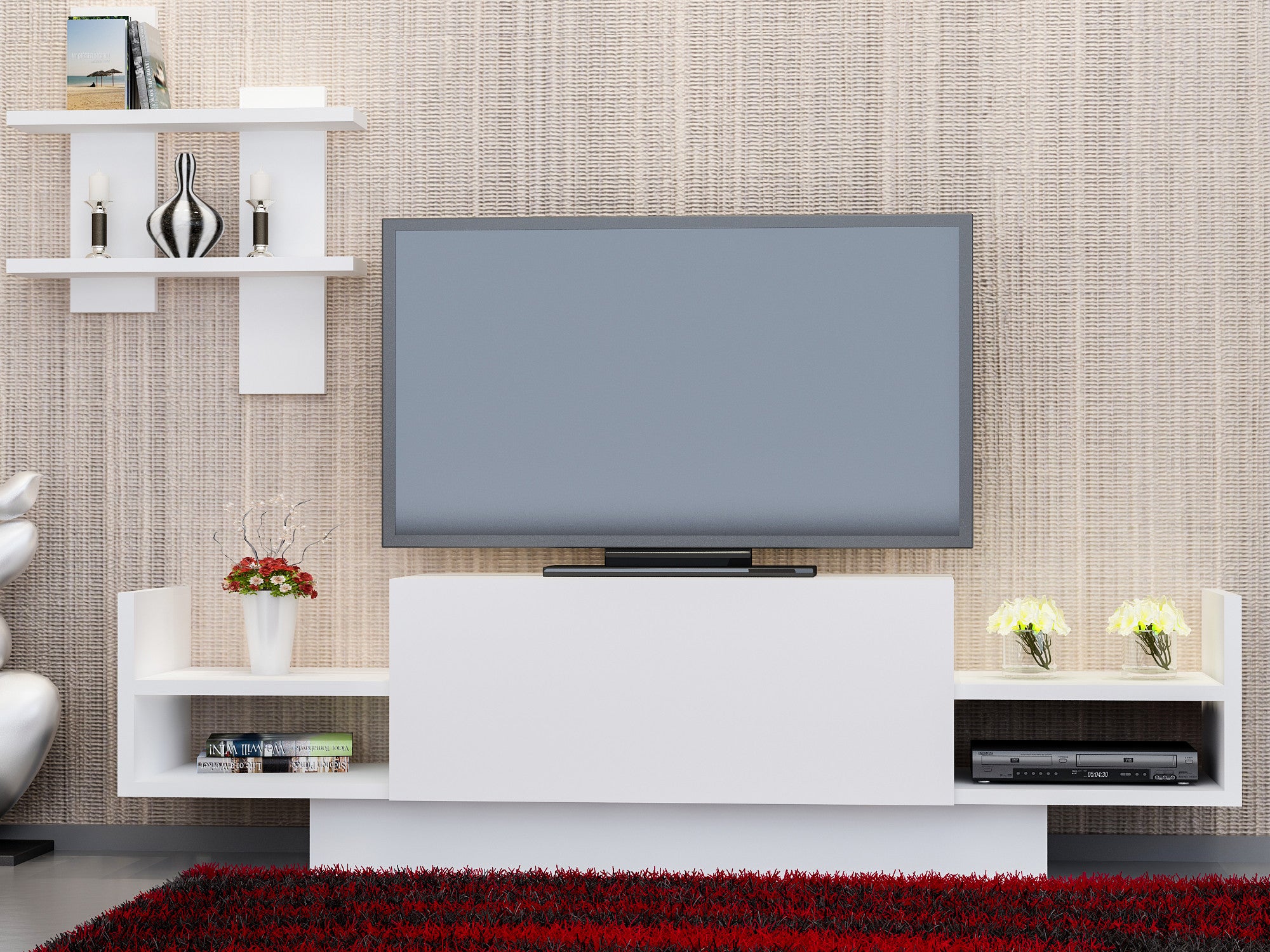 Móvel de TV moderno branco com prateleira de parede, 120 cm | Painel de partículas 100% revestido em melamina, 18 mm de espessura | Design escandinavo elegante, várias prateleiras