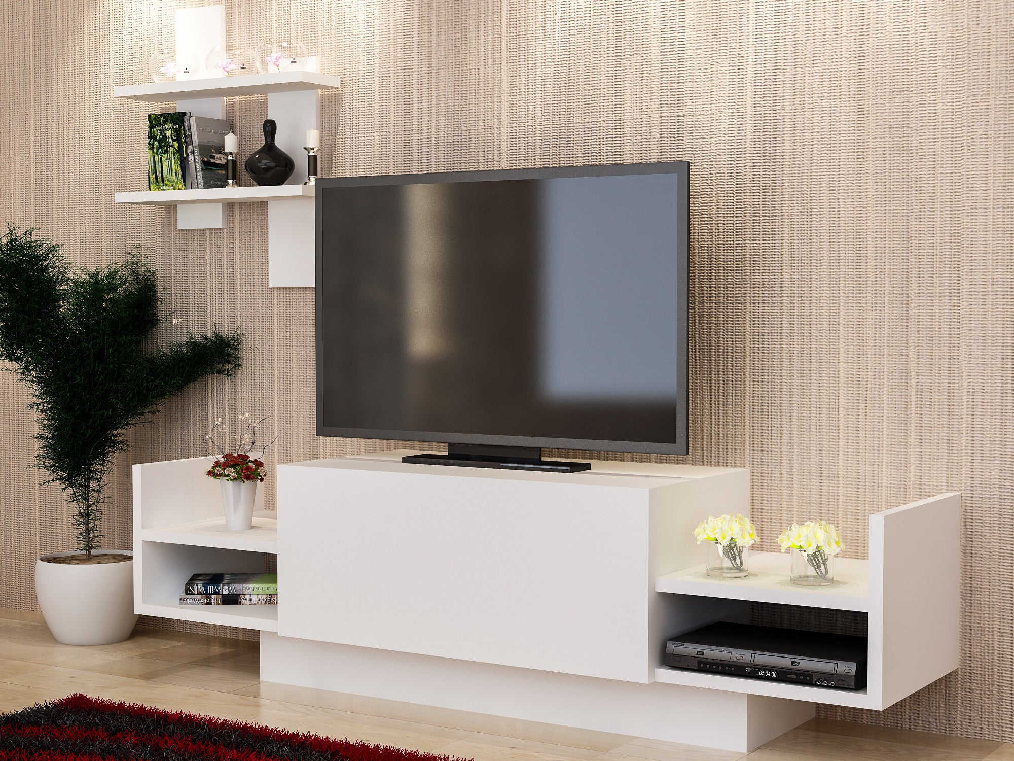Móvel de TV moderno branco com prateleira de parede, 120 cm | Painel de partículas 100% revestido em melamina, 18 mm de espessura | Design escandinavo elegante, várias prateleiras