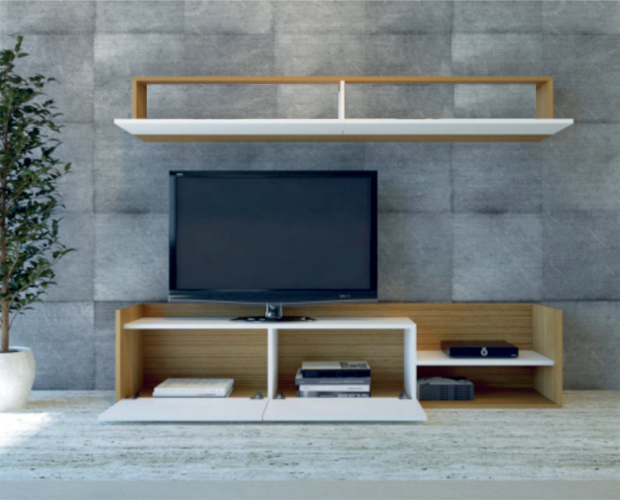 Móvel de TV moderno com prateleira de parede, branco e teca, 180 cm | Painel de partículas 100% revestido de melamina, 18 mm de espessura | Design elegante com várias prateleiras