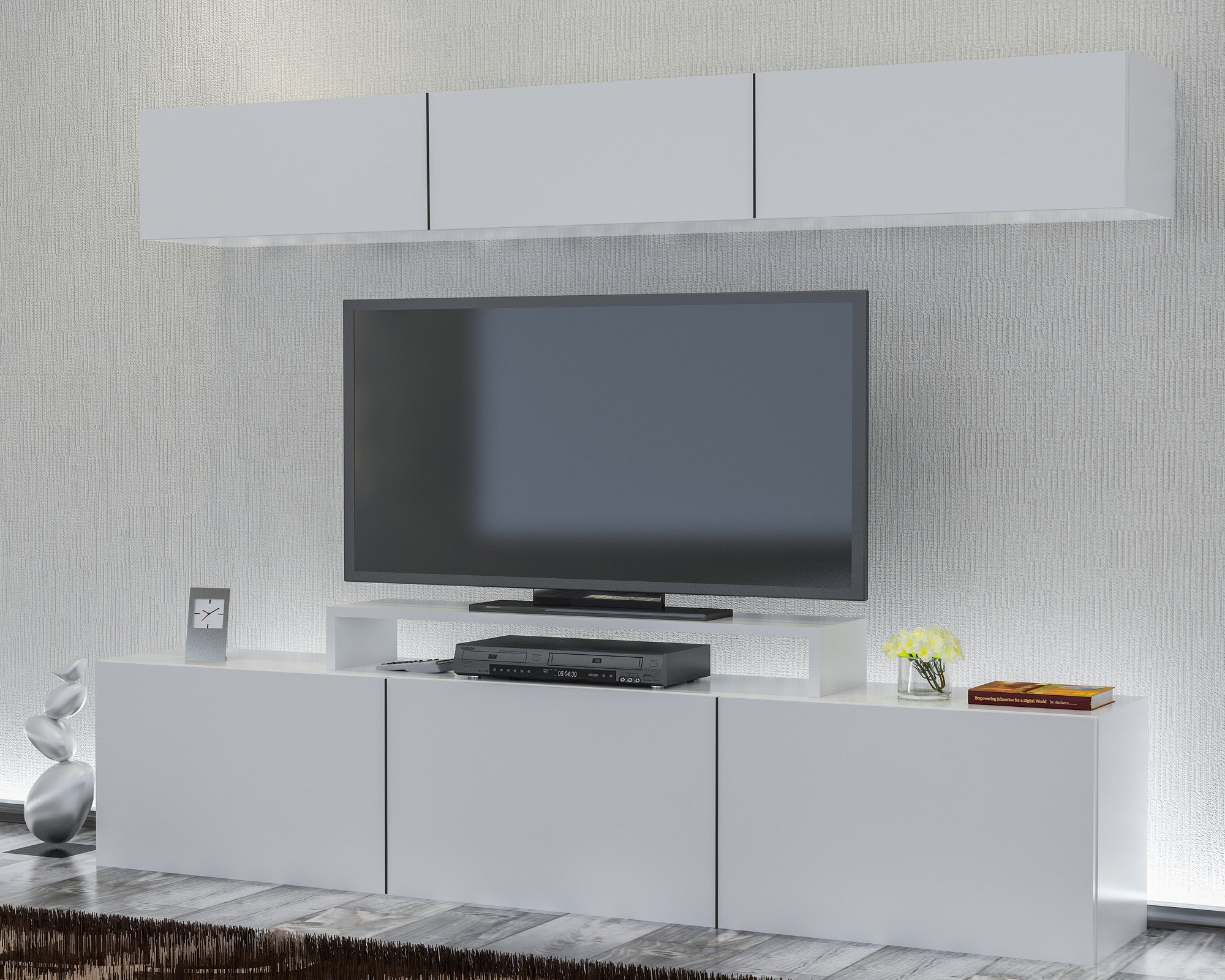 Móvel de TV moderno branco com prateleira de parede, 180 cm | Painel de partículas 100% revestido em melamina, 18 mm de espessura | Design elegante e funcional para casas escandinavas