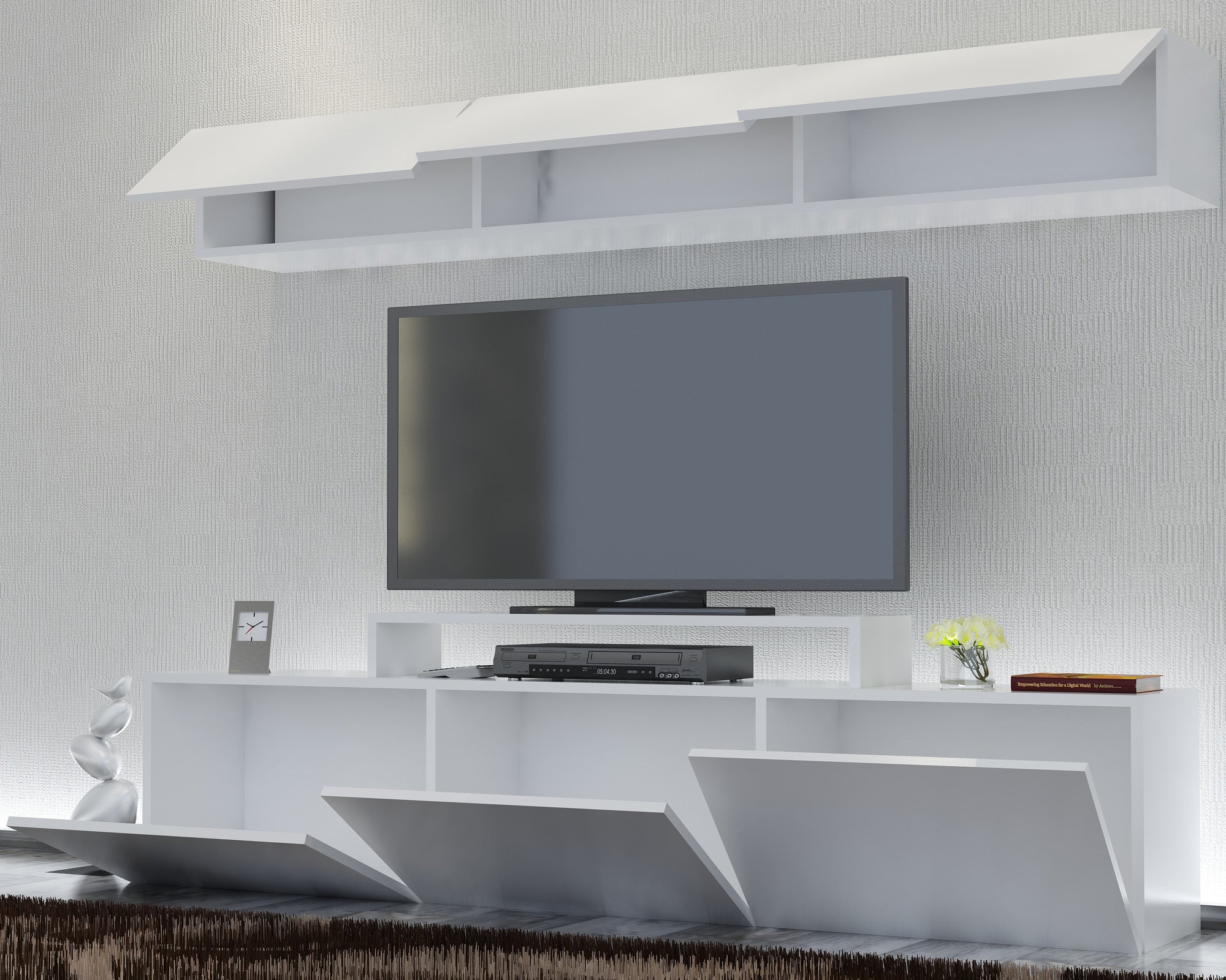 Móvel de TV moderno branco com prateleira de parede, 180 cm | Painel de partículas 100% revestido em melamina, 18 mm de espessura | Design elegante e funcional para casas escandinavas