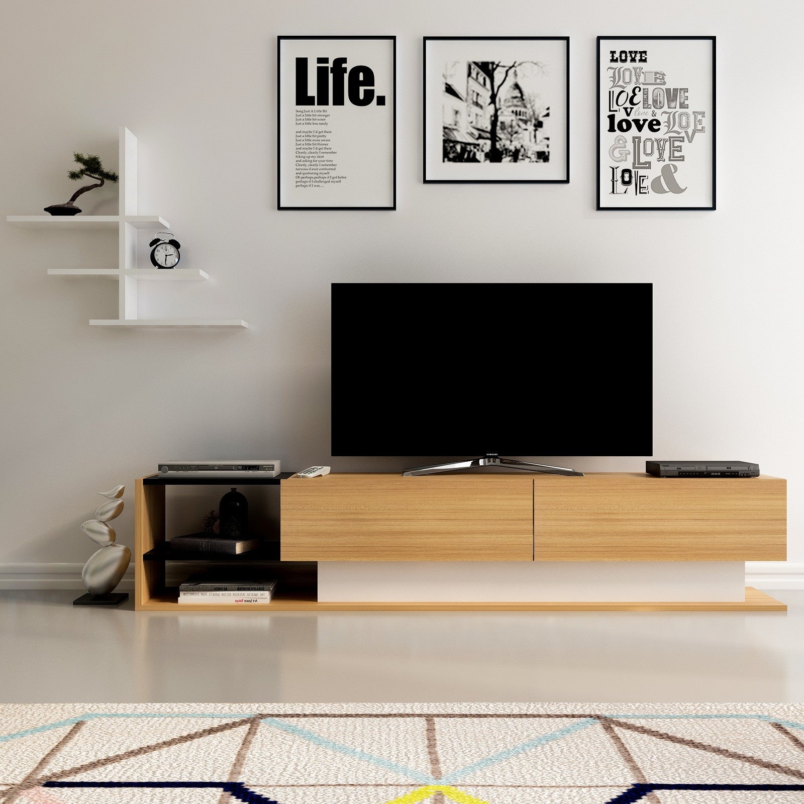 Móvel de TV moderno com prateleira de parede, branco e teca, 180 x 40 x 30 cm | Painel de partículas 100% revestido de melamina, 18 mm de espessura | Design elegante e funcional