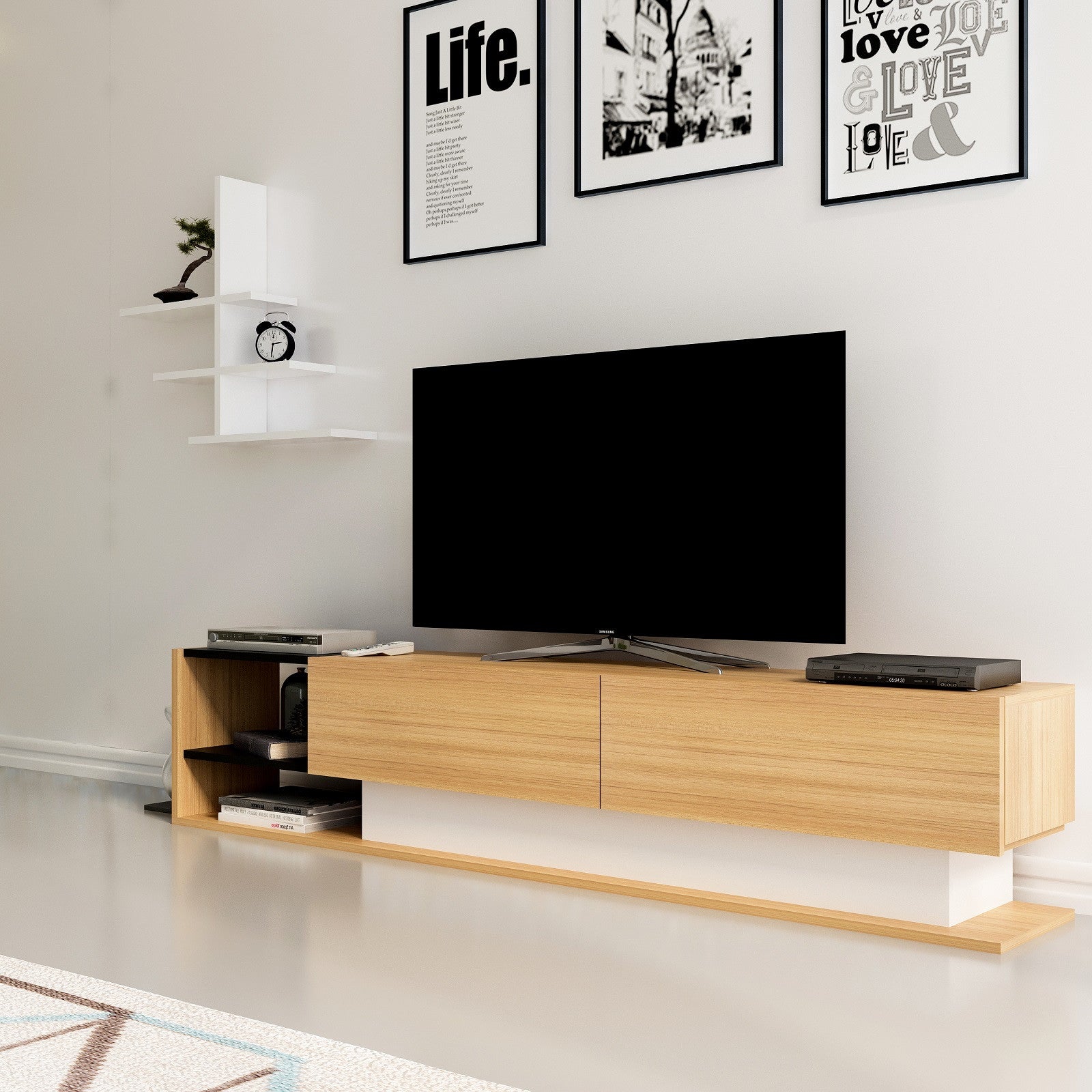 Móvel de TV moderno com prateleira de parede, branco e teca, 180 x 40 x 30 cm | Painel de partículas 100% revestido de melamina, 18 mm de espessura | Design elegante e funcional