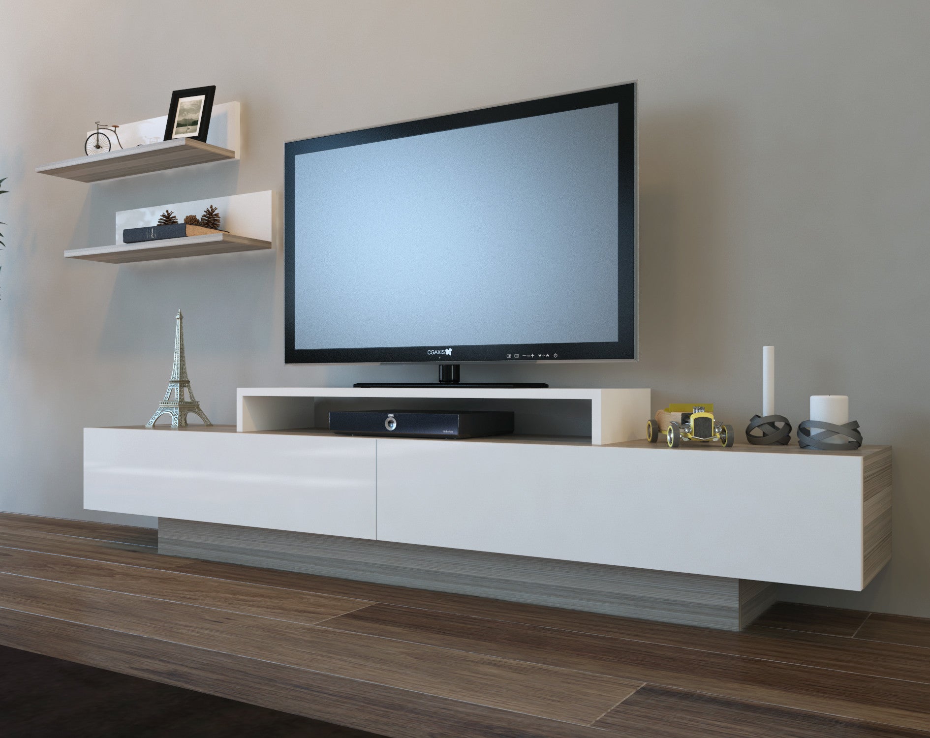 Móvel de TV moderno com prateleiras de parede, branco e cordoba, 180 cm | Painel de partículas 100% revestido em melamina, 18 mm de espessura | Design elegante e funcional para salas de estar