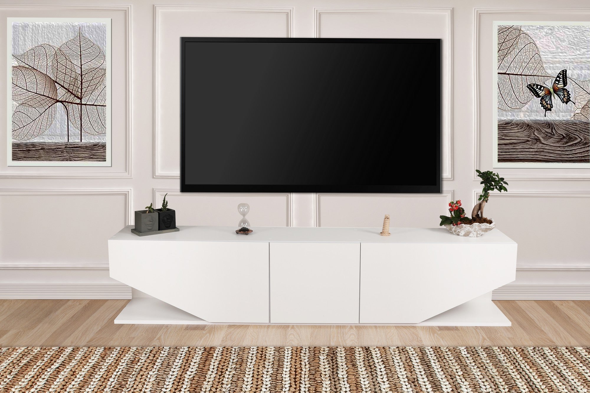 Suporte de TV moderno, branco, 180 cm, 100% aglomerado revestido em melamina, 18 mm de espessura, para montagem na parede, com múltiplas prateleiras | Design escandinavo para salas de estar elegantes