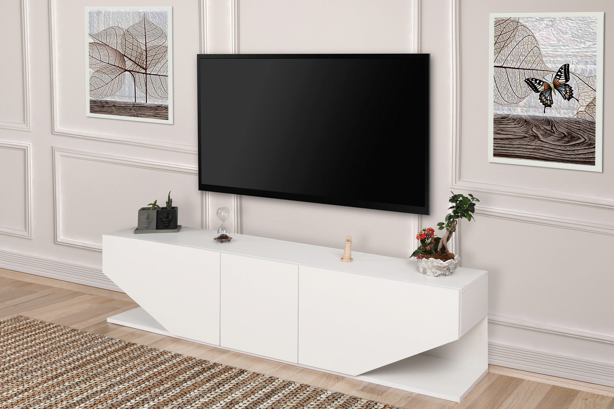 Suporte de TV moderno, branco, 180 cm, 100% aglomerado revestido em melamina, 18 mm de espessura, para montagem na parede, com múltiplas prateleiras | Design escandinavo para salas de estar elegantes