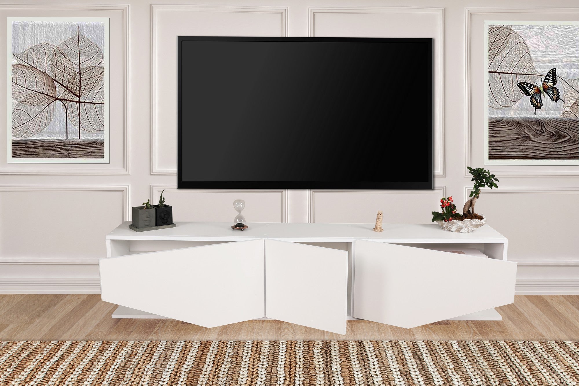 Suporte de TV moderno, branco, 180 cm, 100% aglomerado revestido em melamina, 18 mm de espessura, para montagem na parede, com múltiplas prateleiras | Design escandinavo para salas de estar elegantes