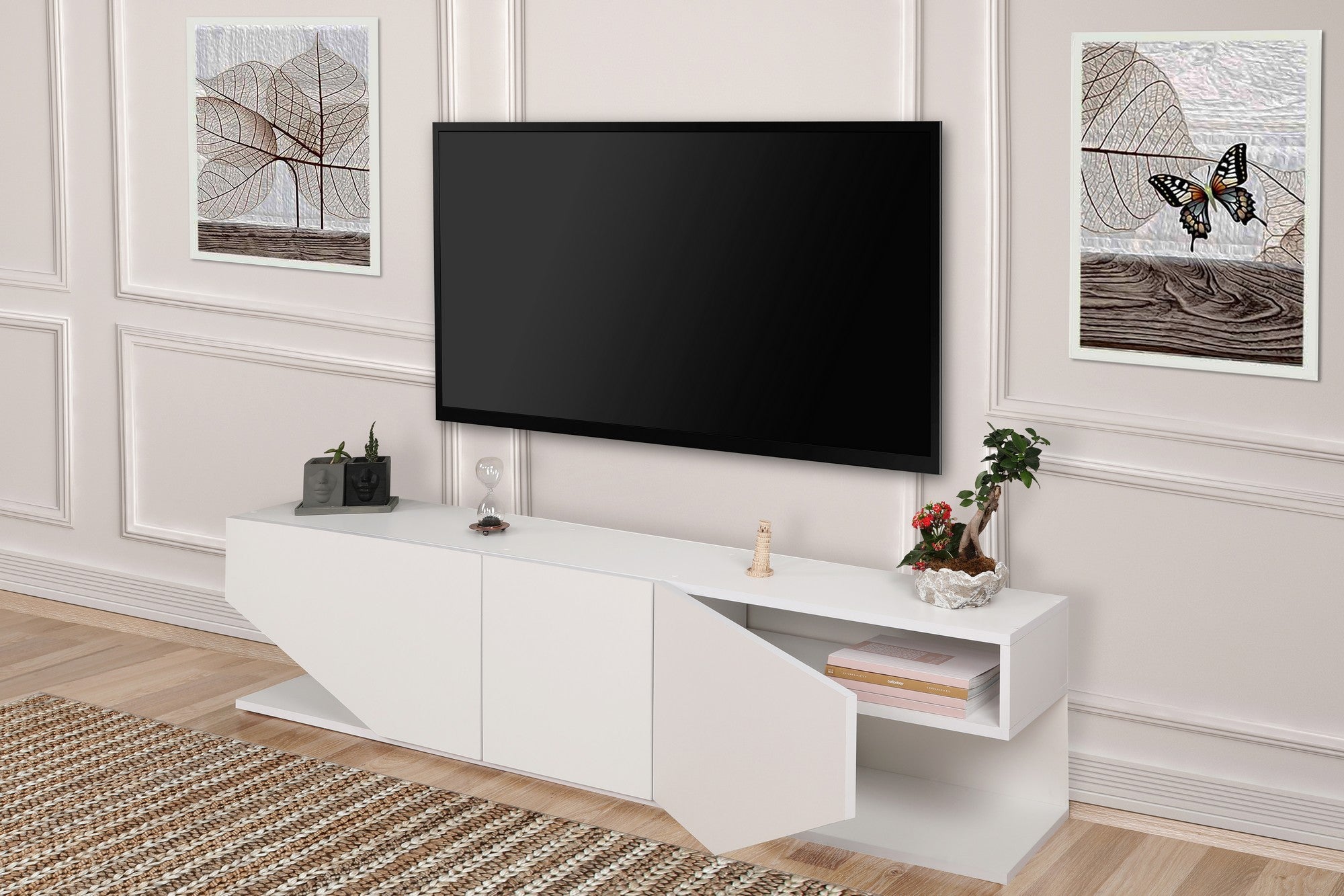 Suporte de TV moderno, branco, 180 cm, 100% aglomerado revestido em melamina, 18 mm de espessura, para montagem na parede, com múltiplas prateleiras | Design escandinavo para salas de estar elegantes