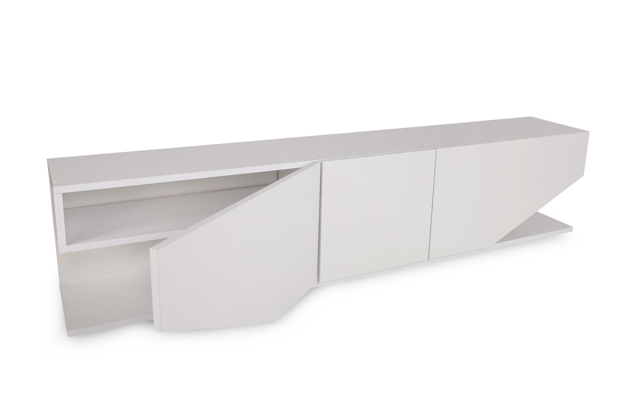 Suporte de TV moderno, branco, 180 cm, 100% aglomerado revestido em melamina, 18 mm de espessura, para montagem na parede, com múltiplas prateleiras | Design escandinavo para salas de estar elegantes