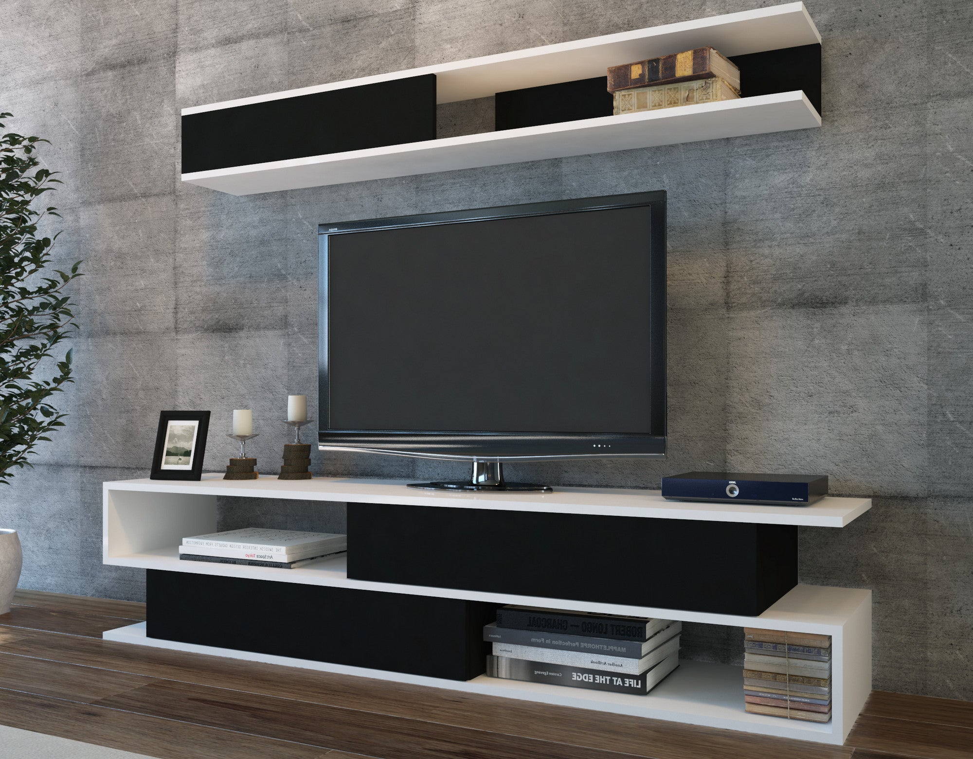 Móvel de TV moderno com prateleira de parede, branco e preto, 176 x 39 x 31,5 cm | 100% revestido em melamina, 18 mm de espessura | Design escandinavo elegante com várias prateleiras