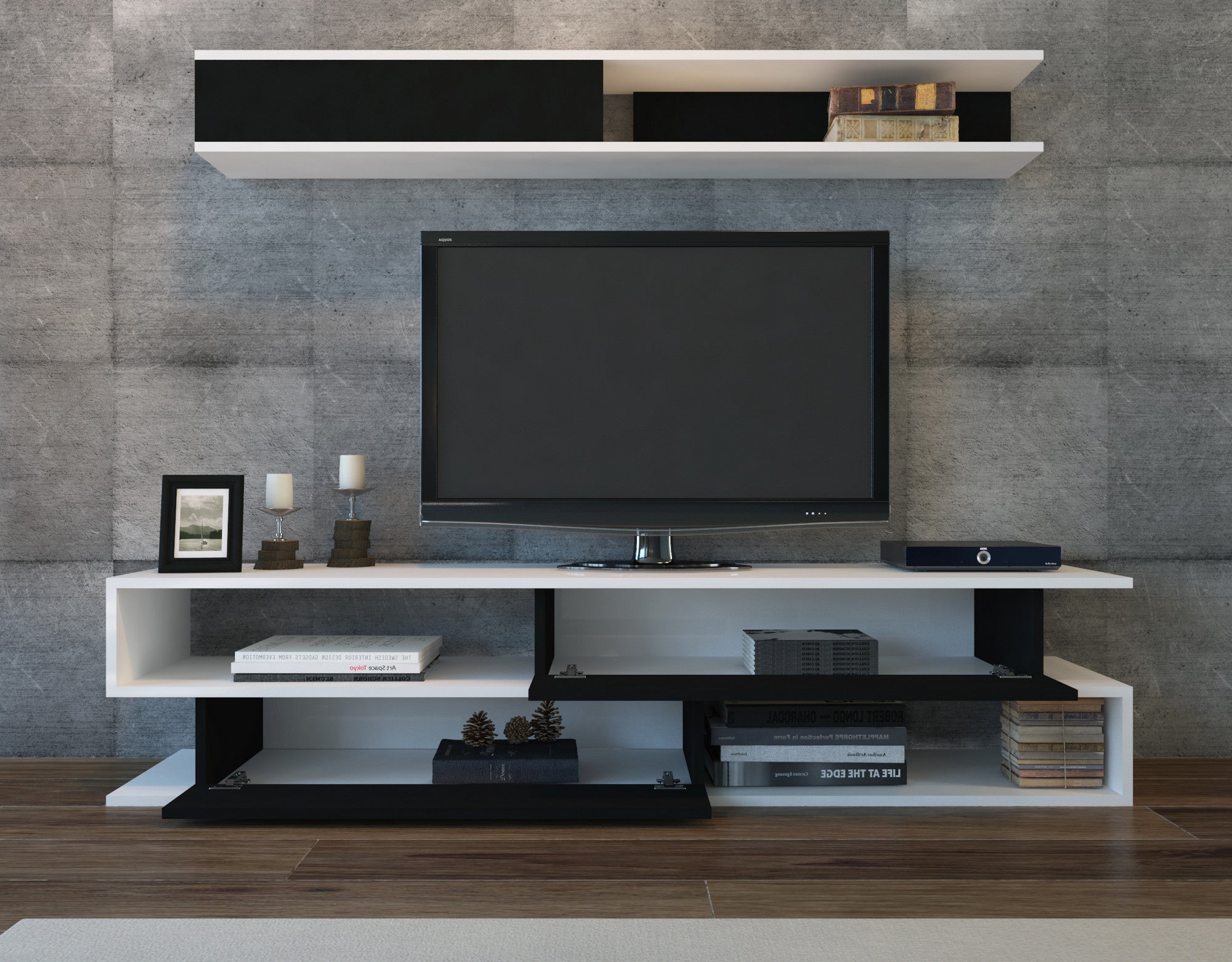 Móvel de TV moderno com prateleira de parede, branco e preto, 176 x 39 x 31,5 cm | 100% revestido em melamina, 18 mm de espessura | Design escandinavo elegante com várias prateleiras