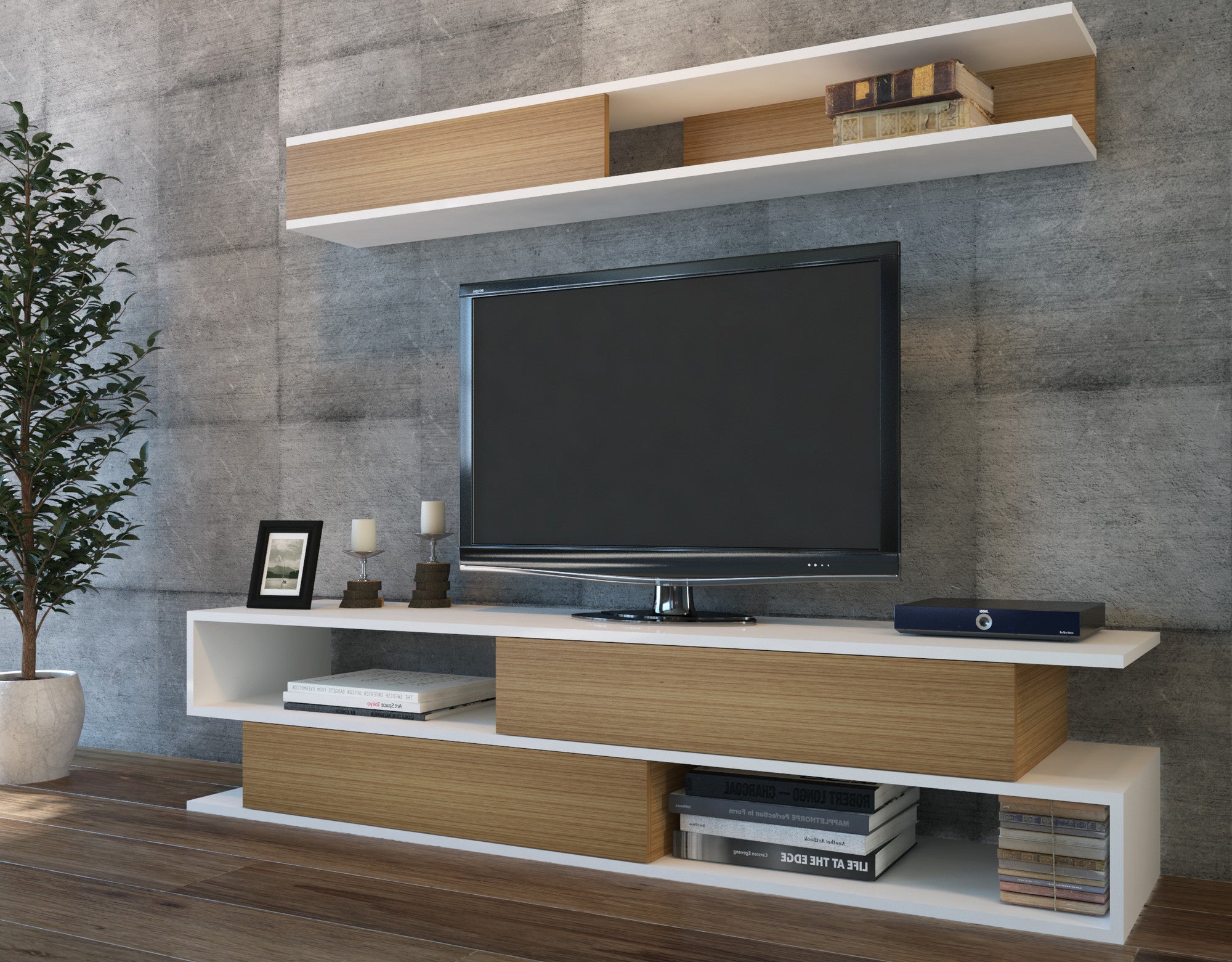 Móvel de TV moderno com prateleira de parede, branco e teca, 176 x 39 x 31,5 cm | Painel de partículas 100% revestido de melamina, 18 mm de espessura | Design elegante e funcional