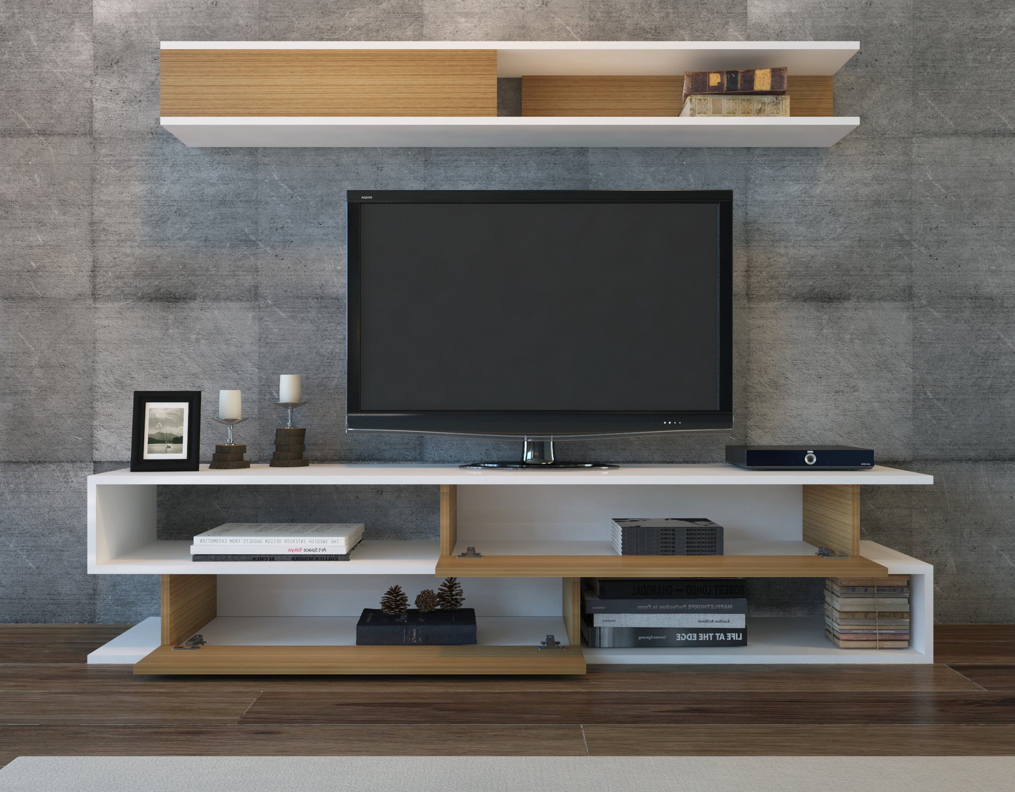 Móvel de TV moderno com prateleira de parede, branco e teca, 176 x 39 x 31,5 cm | Painel de partículas 100% revestido de melamina, 18 mm de espessura | Design elegante e funcional