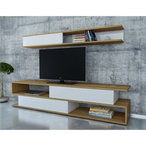 Móvel de TV moderno com prateleira de parede, branco e teca, 176 x 39 x 31,5 cm | Painel de partículas 100% revestido de melamina, 18 mm de espessura | Design elegante e funcional
