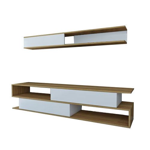 Móvel de TV moderno com prateleira de parede, branco e teca, 176 x 39 x 31,5 cm | Painel de partículas 100% revestido de melamina, 18 mm de espessura | Design elegante e funcional