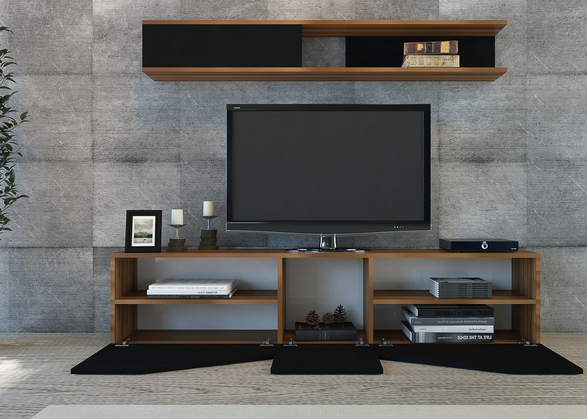 Móvel de TV moderno com prateleira de parede, nogueira e preto, 180 x 40 x 31 cm | Painel de partículas 100% revestido de melamina, 18 mm de espessura | Design elegante e funcional
