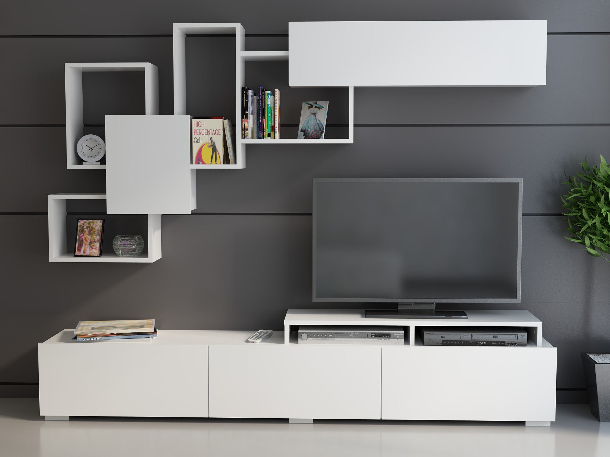 Móvel de TV moderno branco com prateleira de parede, 210 cm x 30 cm x 35 cm | Painel de partículas 100% revestido de melamina, 18 mm de espessura | Design escandinavo, elegante e funcional