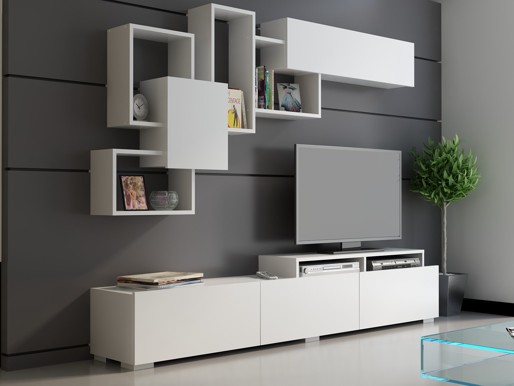 Móvel de TV moderno branco com prateleira de parede, 210 cm x 30 cm x 35 cm | Painel de partículas 100% revestido de melamina, 18 mm de espessura | Design escandinavo, elegante e funcional