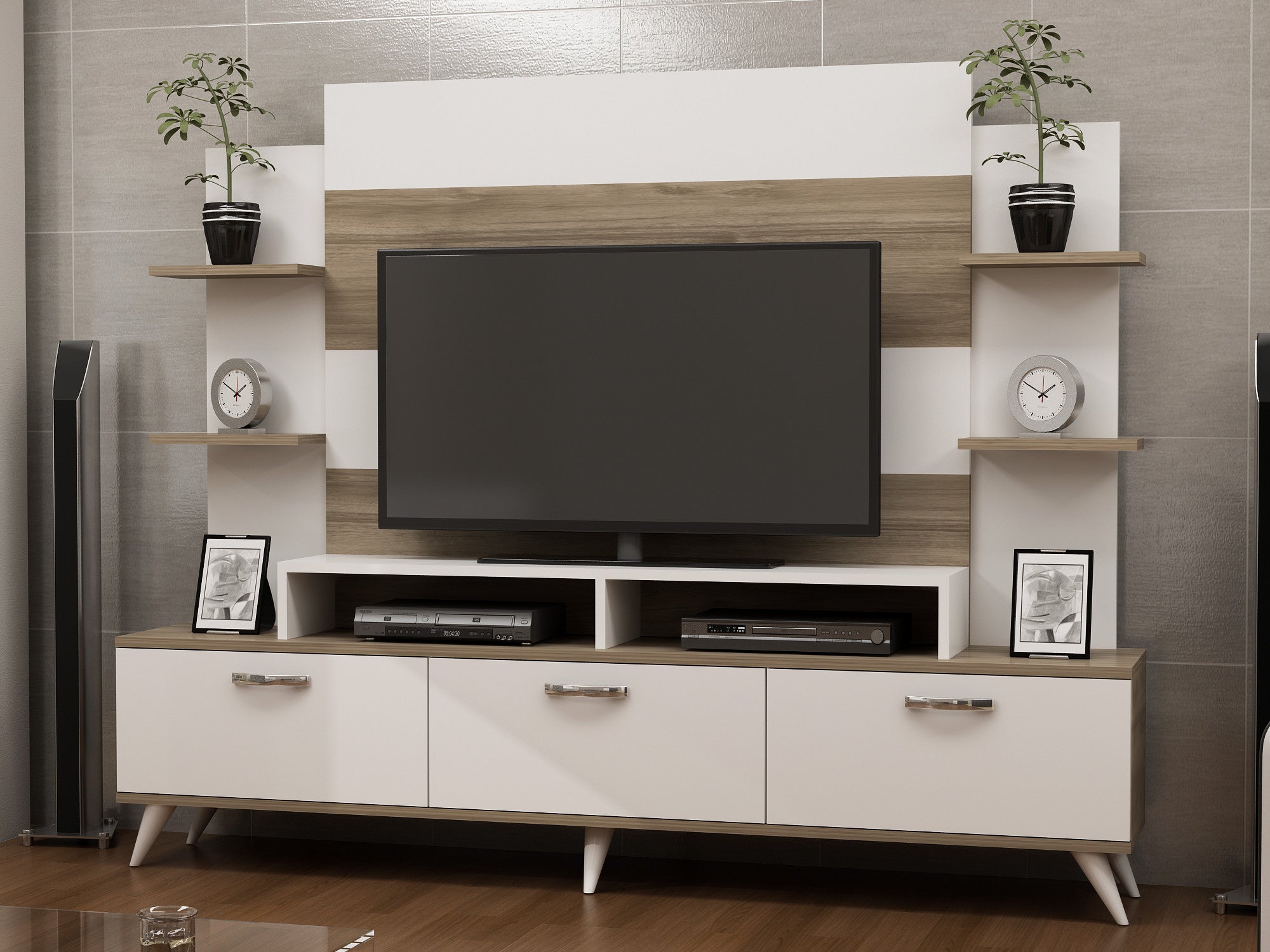 Móvel de TV moderno com opção de montagem na parede, branco e nogueira, 180 x 143 x 30 cm | Painel de partículas 100% revestido de melamina, 18 mm de espessura | Design elegante e funcional