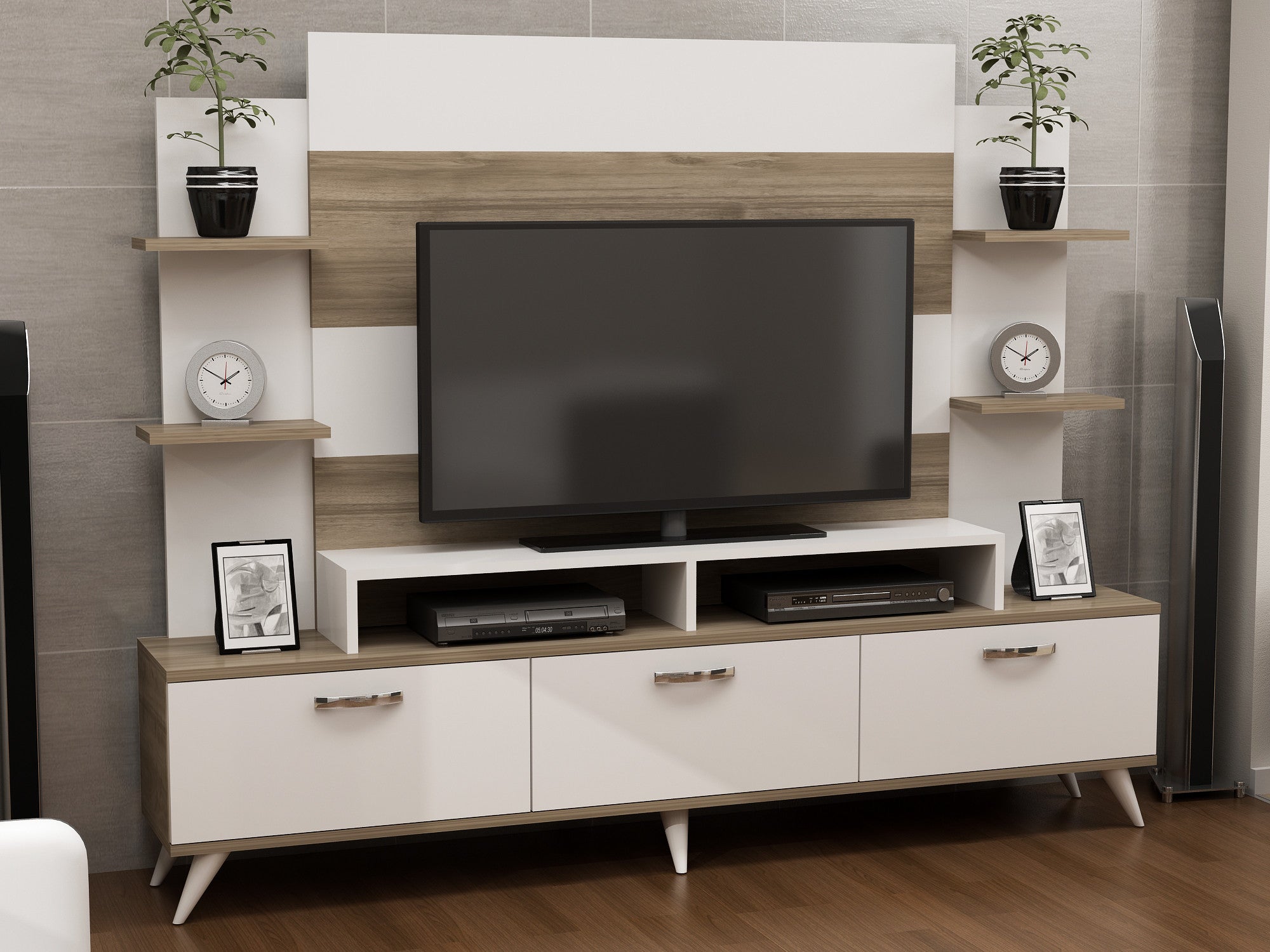 Móvel de TV moderno com opção de montagem na parede, branco e nogueira, 180 x 143 x 30 cm | Painel de partículas 100% revestido de melamina, 18 mm de espessura | Design elegante e funcional