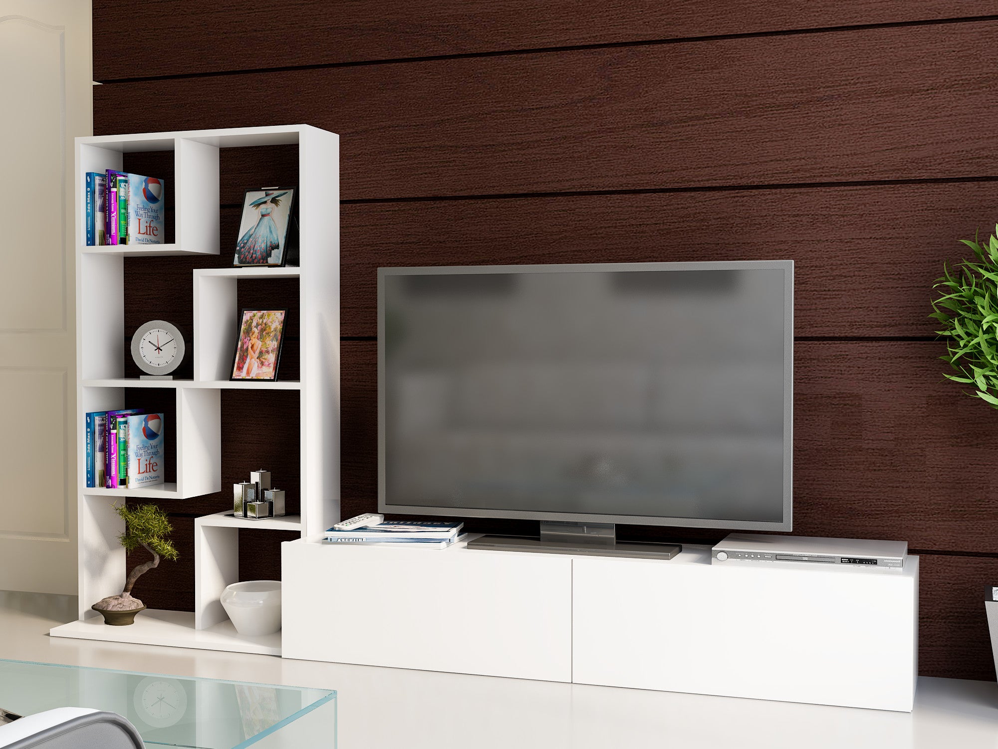 Móvel de TV moderno branco, 220 cm | Painel de partículas 100% revestido em melamina, 18 mm de espessura | Montável na parede com inúmeras prateleiras | Design escandinavo