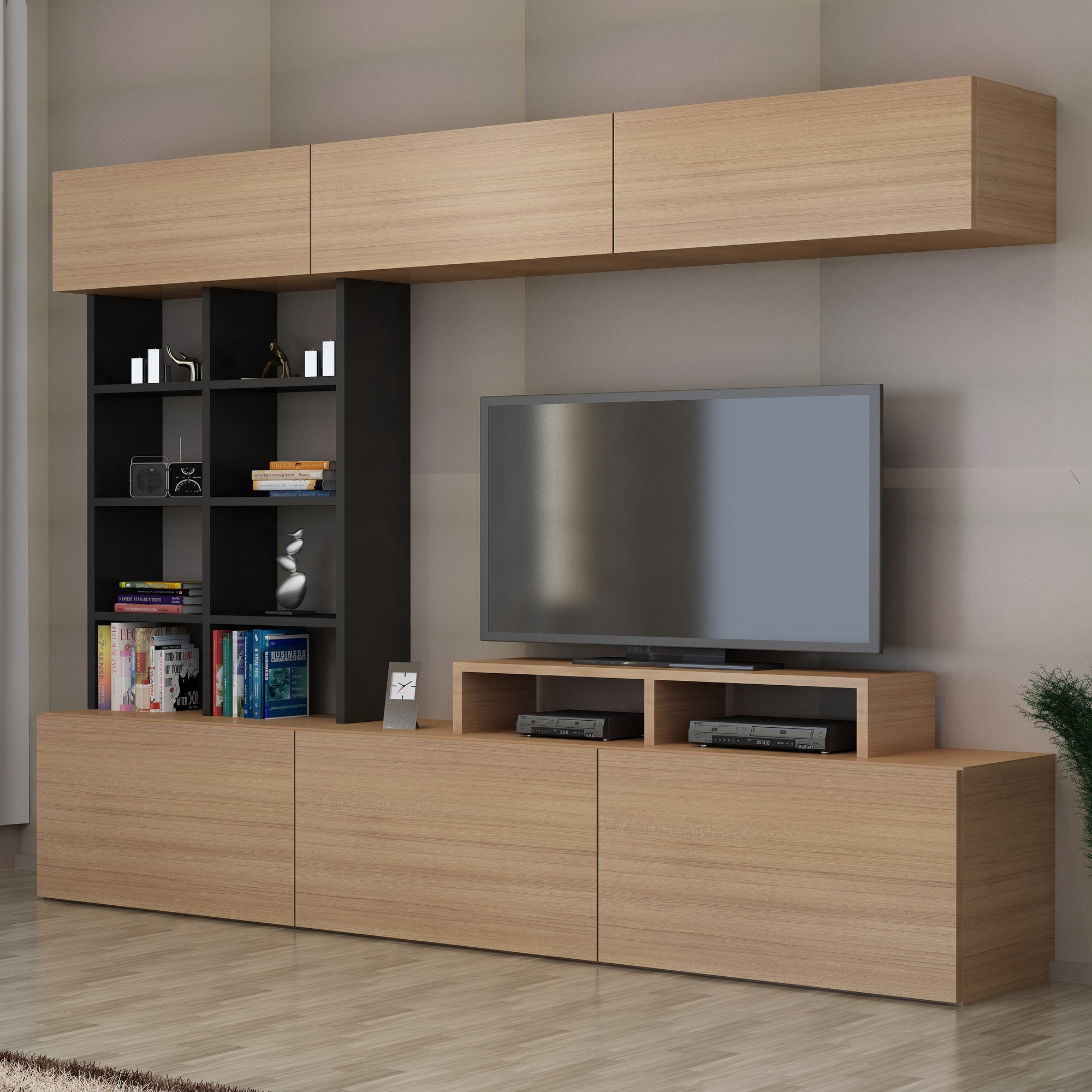 Móvel de TV moderno com prateleira de parede e armário, teca e preto, 180 cm de largura | 100% revestido em melamina, 18 mm de espessura | Armazenamento elegante para sala de estar