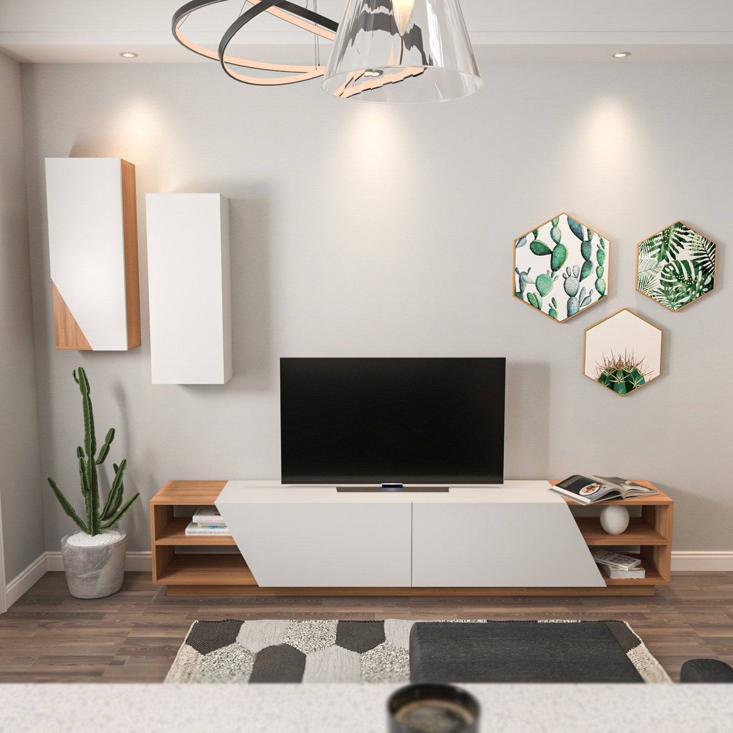 Móvel de TV moderno com prateleiras de parede (2 peças), branco e teca, 240 x 47 x 37,5 cm | 100% revestido em melamina, 18 mm de espessura | Design elegante e funcional para salas de estar