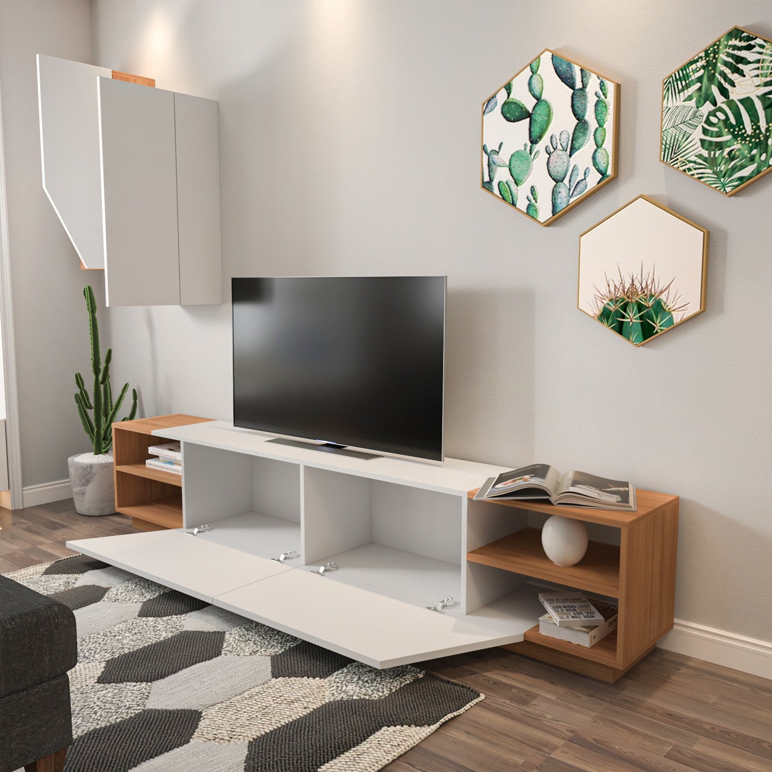 Móvel de TV moderno com prateleiras de parede (2 peças), branco e teca, 240 x 47 x 37,5 cm | 100% revestido em melamina, 18 mm de espessura | Design elegante e funcional para salas de estar