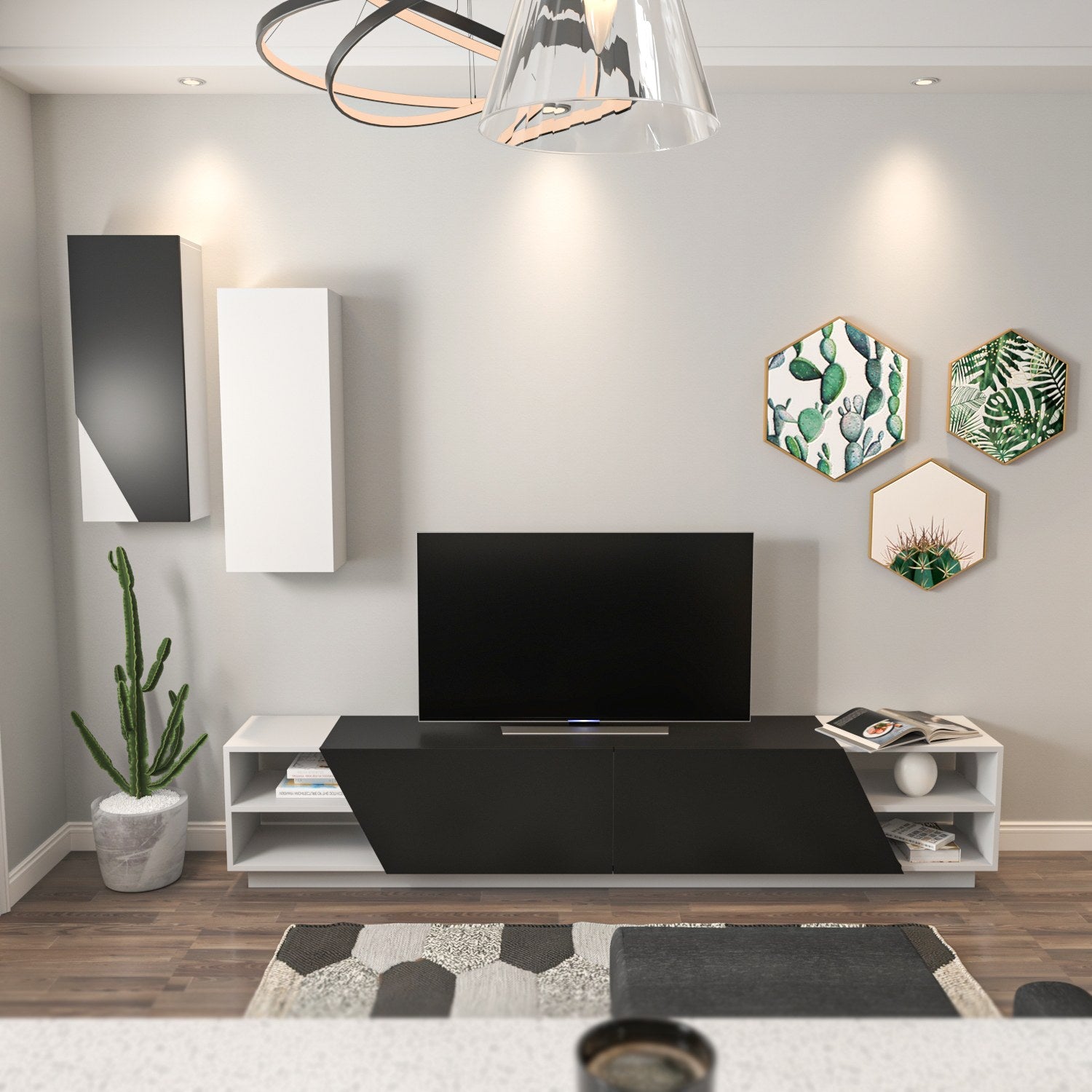 Móvel de TV moderno com prateleiras de parede (2 peças), preto e branco, 240 x 47 x 37,5 cm | 100% revestido em melamina, 18 mm de espessura | Design escandinavo elegante, economiza espaço