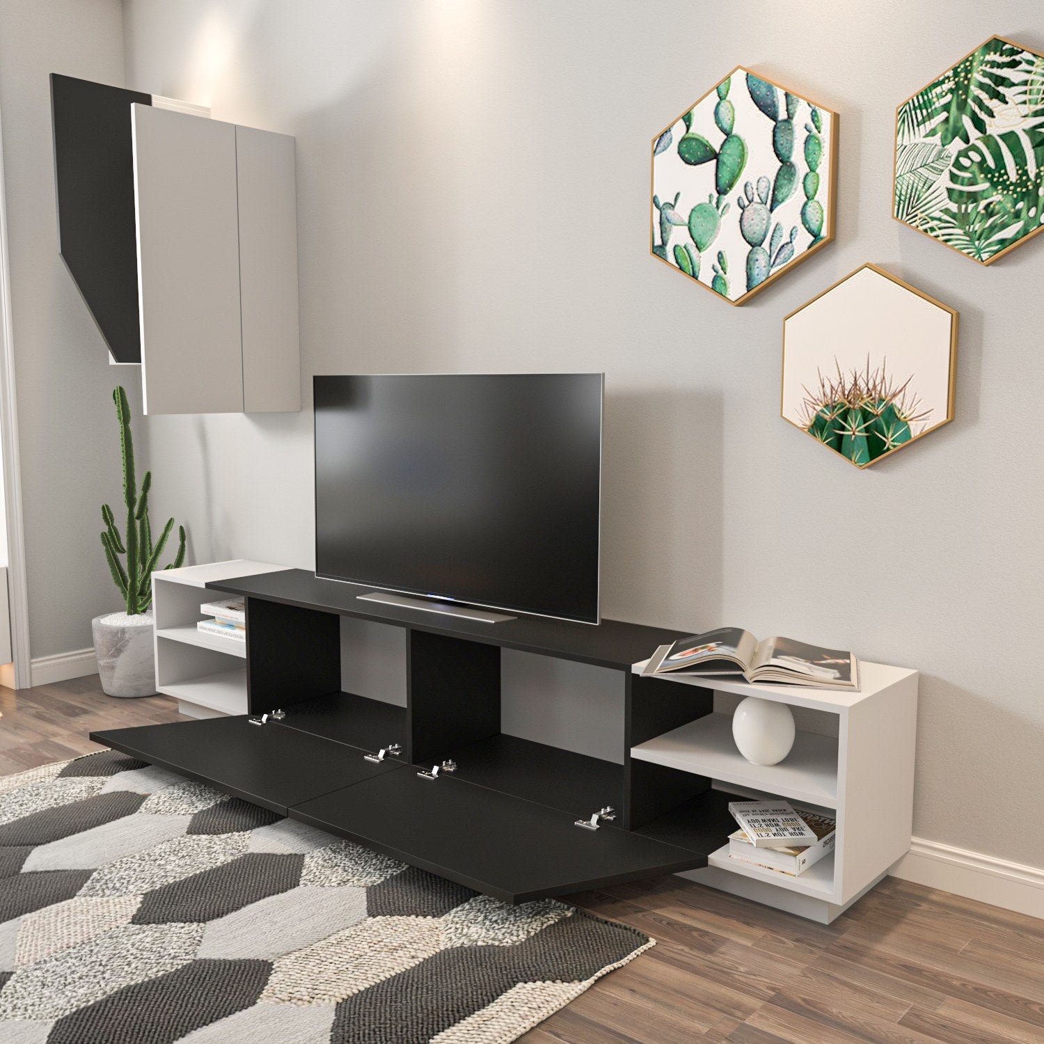 Móvel de TV moderno com prateleiras de parede (2 peças), preto e branco, 240 x 47 x 37,5 cm | 100% revestido em melamina, 18 mm de espessura | Design escandinavo elegante, economiza espaço