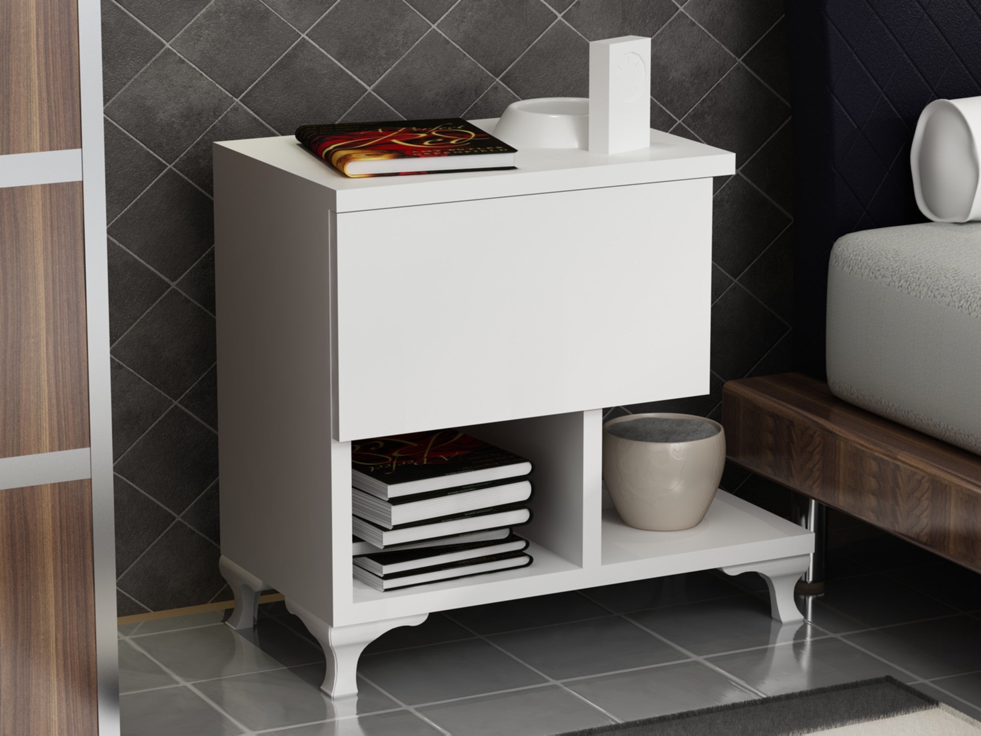 Mesa de cabeceira branca elegante, 46,8 x 33 cm | Painel de partículas 100% revestido em melamina, 18 mm de espessura | Montável na parede com várias prateleiras, design moderno