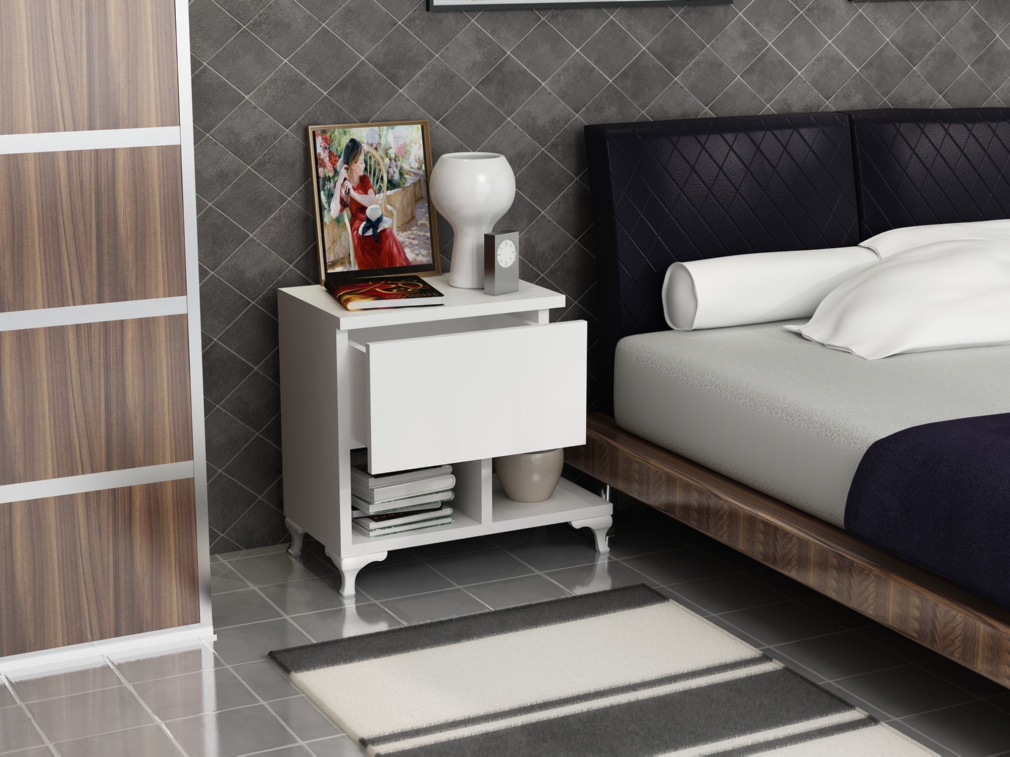 Mesa de cabeceira branca elegante, 46,8 x 33 cm | Painel de partículas 100% revestido em melamina, 18 mm de espessura | Montável na parede com várias prateleiras, design moderno