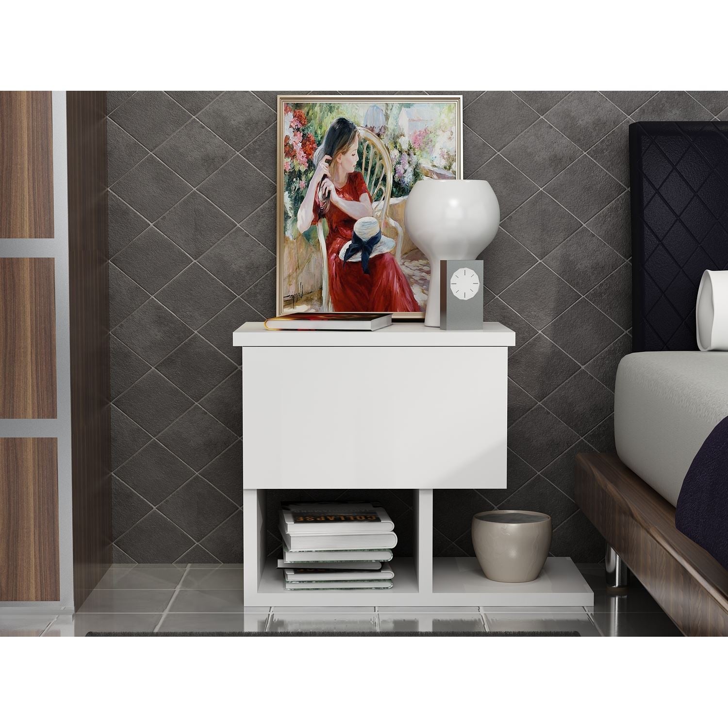 Mesa de cabeceira branca moderna com opção de montagem na parede, 46,8 x 36,8 x 33 cm | Painel de partículas 100% revestido de melamina, 18 mm de espessura | Design escandinavo elegante com várias prateleiras