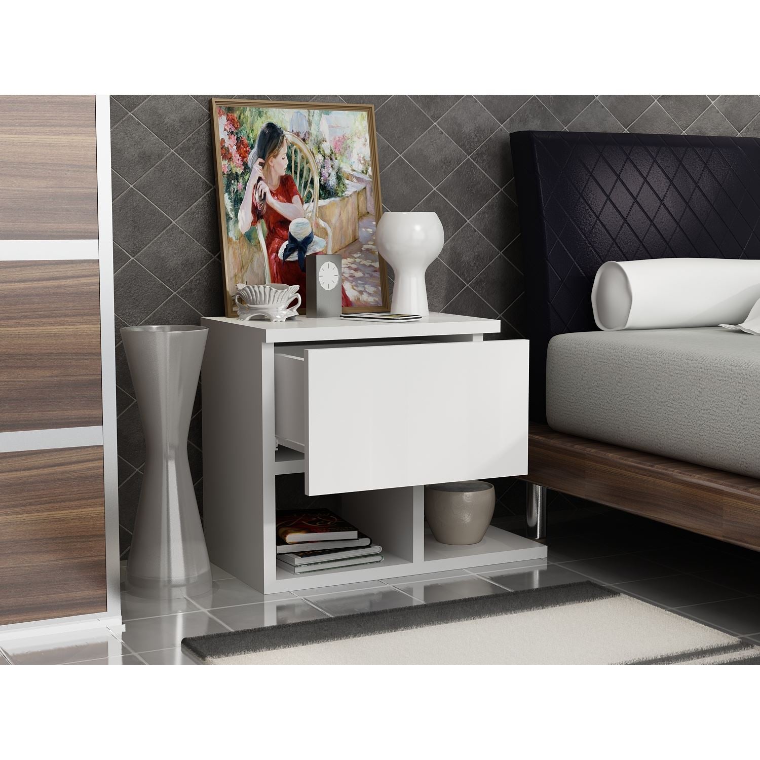Mesa de cabeceira branca moderna com opção de montagem na parede, 46,8 x 36,8 x 33 cm | Painel de partículas 100% revestido de melamina, 18 mm de espessura | Design escandinavo elegante com várias prateleiras