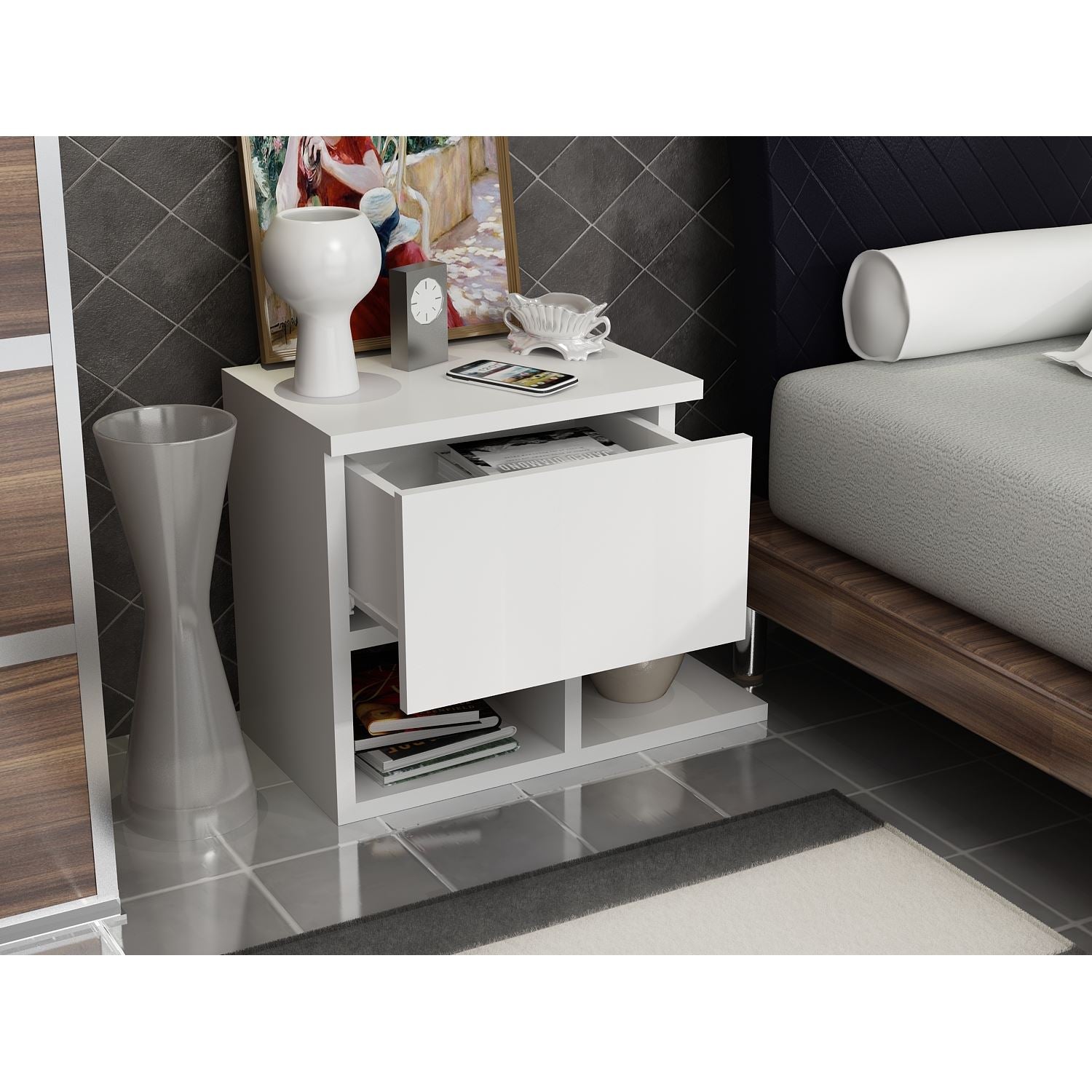 Mesa de cabeceira branca moderna com opção de montagem na parede, 46,8 x 36,8 x 33 cm | Painel de partículas 100% revestido de melamina, 18 mm de espessura | Design escandinavo elegante com várias prateleiras