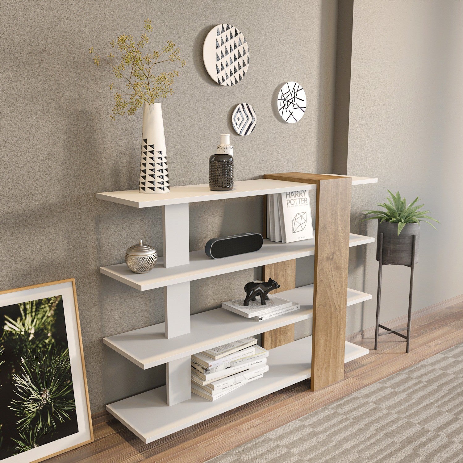 Estante Moderna Escandinava – 120 x 90 x 30 cm – Branco e Nogueira – Painel de partículas revestido a melamina