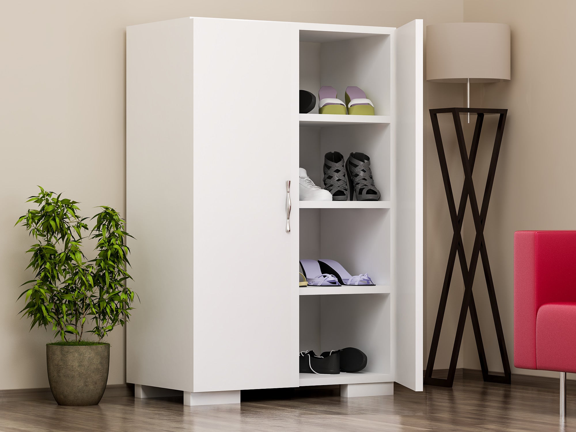 Elegante sapateira branca, 60 x 94 x 35 cm | Painel de partículas 100% revestido em melamina, 18 mm de espessura | Montável na parede com inúmeras prateleiras, design moderno